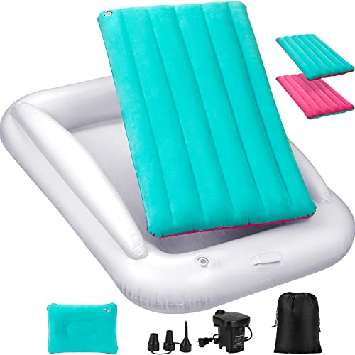 USHMA Portable Inflatable Toddler Travel Bed with Pump, Case & Pillow - Lightweight Air Mattress for Kids | Perfect for Camping, Sleepovers & Family Vacations | Mint Green & Pink