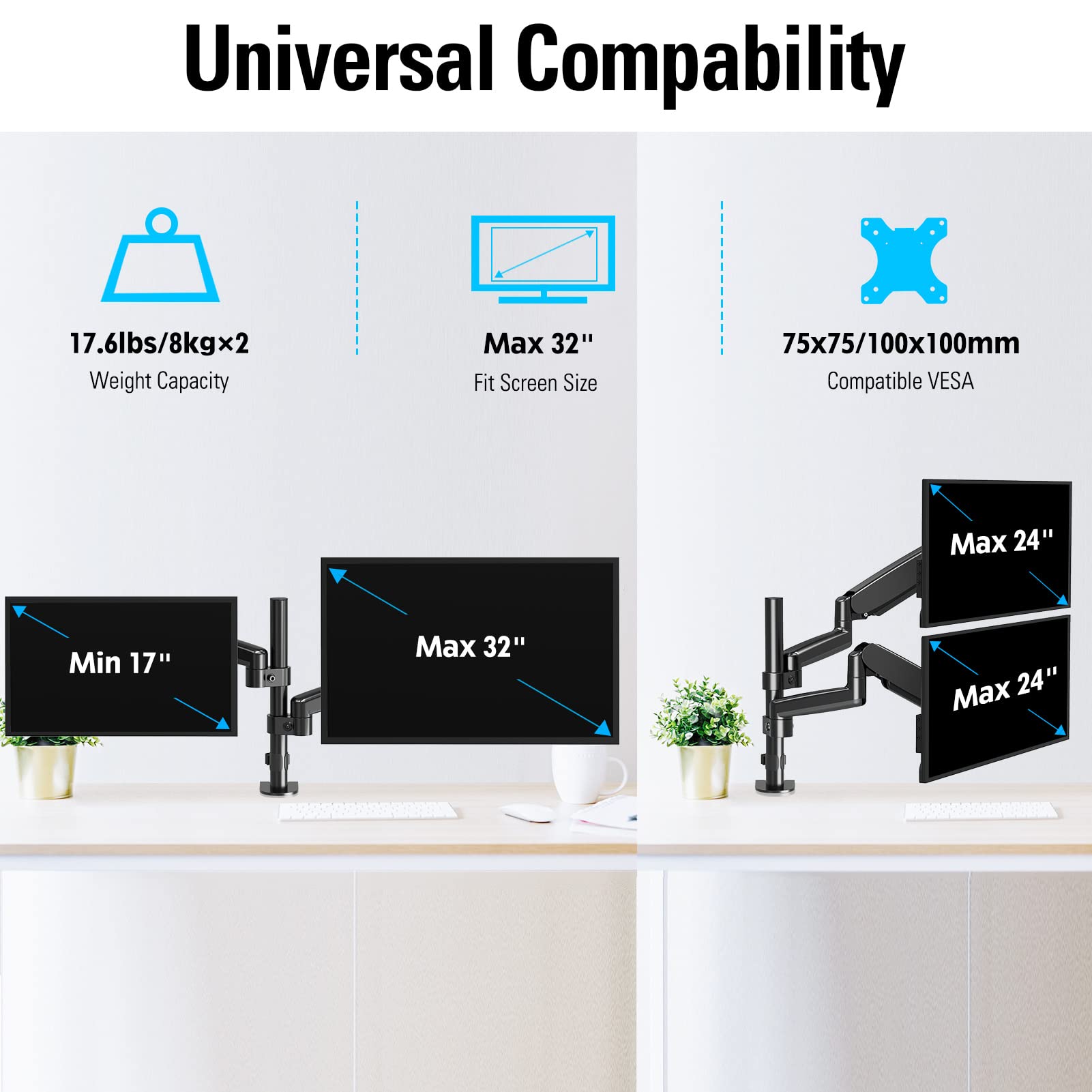 MOUNTUP Dual Monitor Stand for Desk - Adjustable Gas Spring Arm Mount Holds 2 Screens 17-32 Inch, VESA Compatible with Clamp/Grommet Base - Perfect for Home Office, Gaming & Workstation Setup