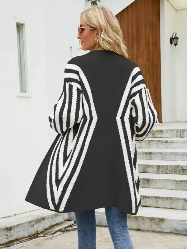Elegant V-Neck Diamond Stripe Cardigan Sweater for Women - Soft Knit Long Sleeve Open Front Wrap - Perfect for Office, Date Night & Fall Layering