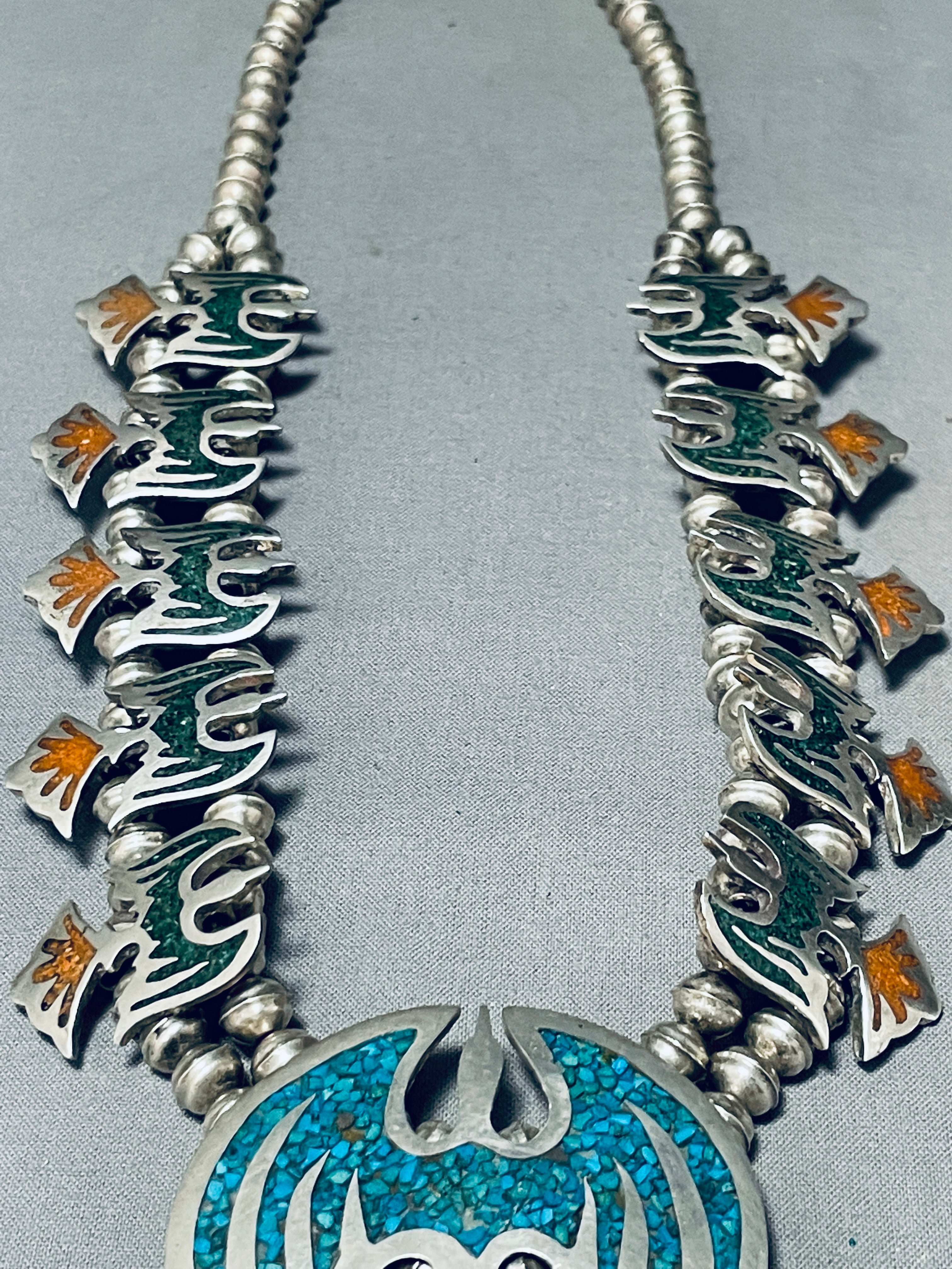 124 Gram Vintage Native American Navajo Turquoise Inlay Sterling Silver Squash Blossom Necklace - Handcrafted Southwest Jewelry for Women, Perfect for Boho Fashion, Weddings & Special Occasions
