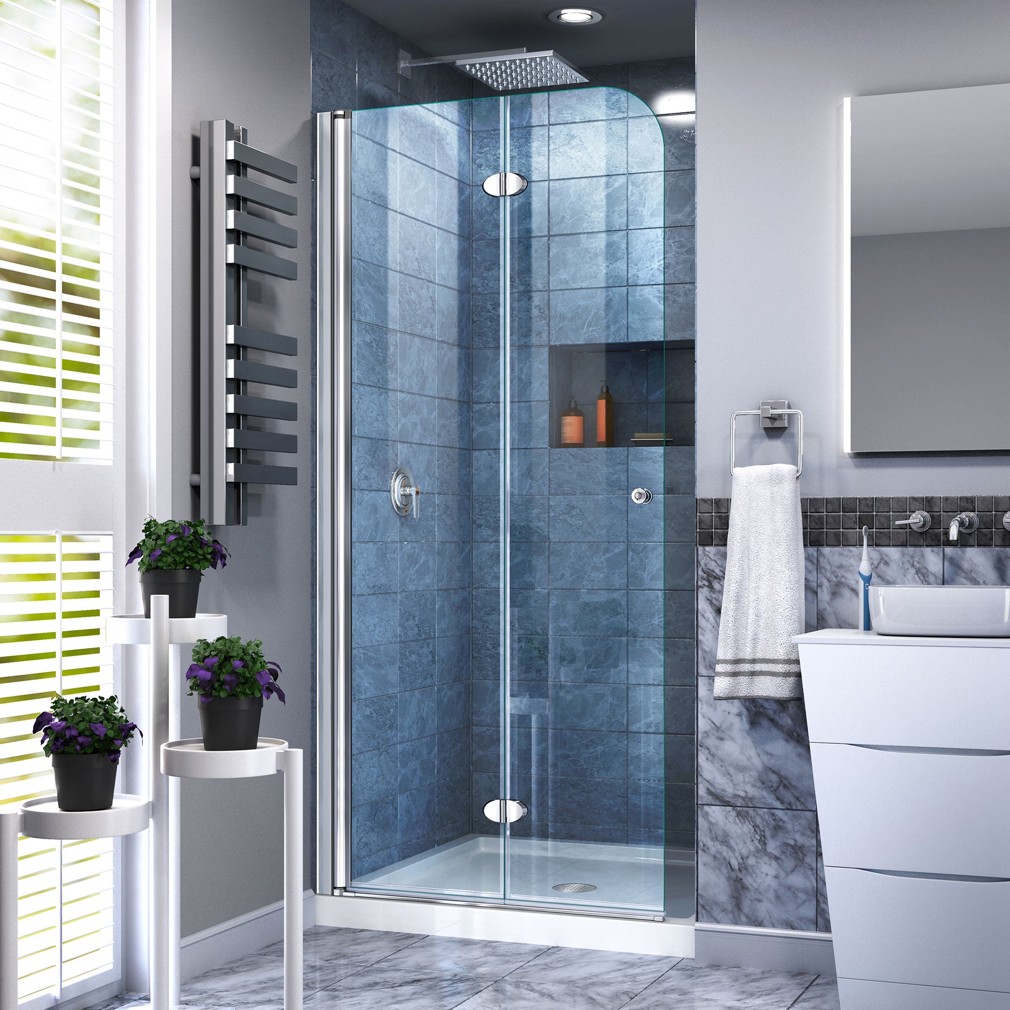 DreamLine Aqua Fold 36x36x74.75 Inch Frameless Bi-Fold Shower Door with SlimLine Base Kit - Perfect for Small Bathrooms & Space-Saving Bathroom Remodels