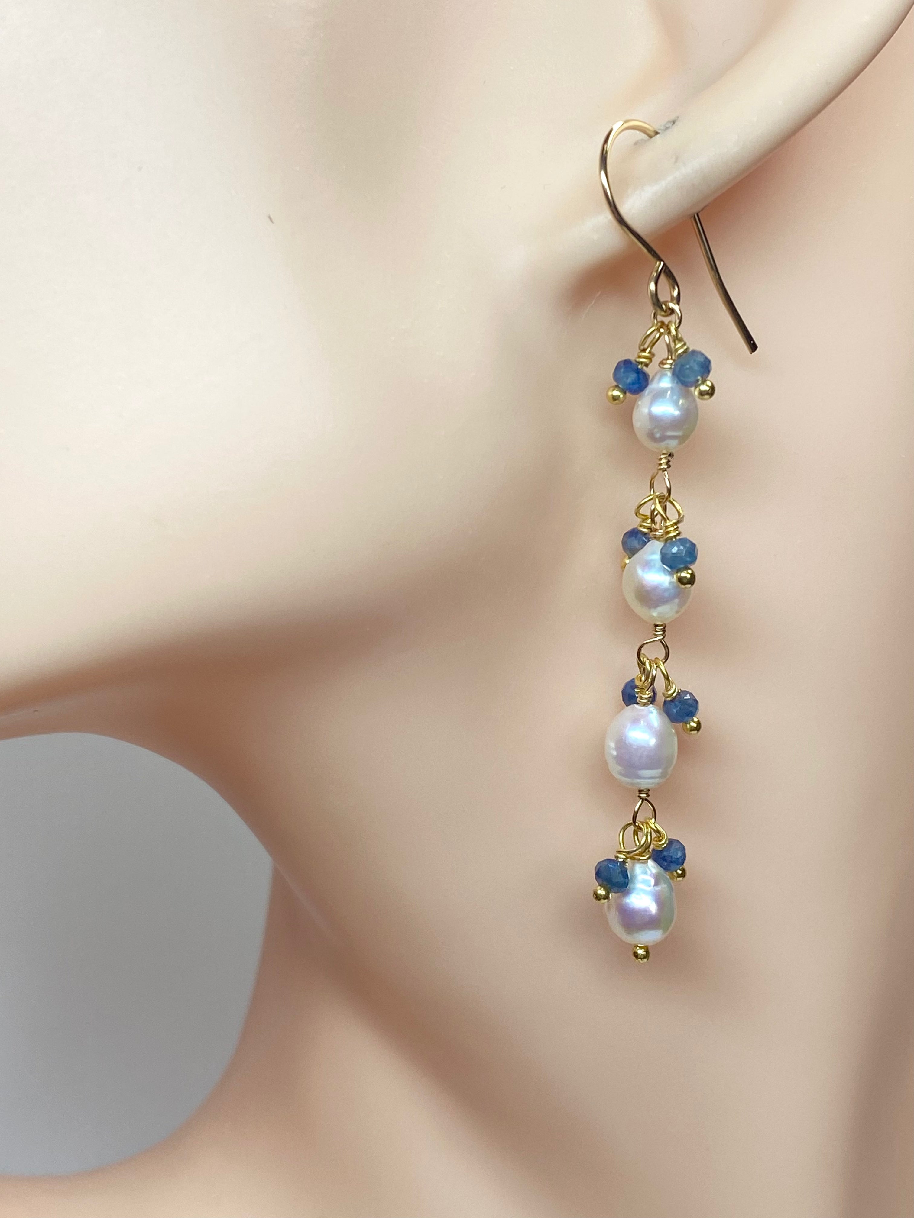 Blue Sapphire and Pearl Long Dainty Earrings - Gold Filled Elegant Jewelry for Women | Perfect for Weddings, Parties & Special Occasions