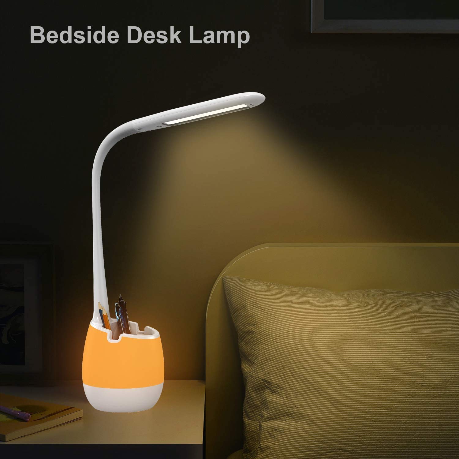Rechargeable LED Desk Lamp with Pen Holder - Dimmable Flexible Gooseneck Study Light for Home & Office | Eye-Caring Night Light for Kids, Students | Perfect for Reading, Working & Bedside Use (White)