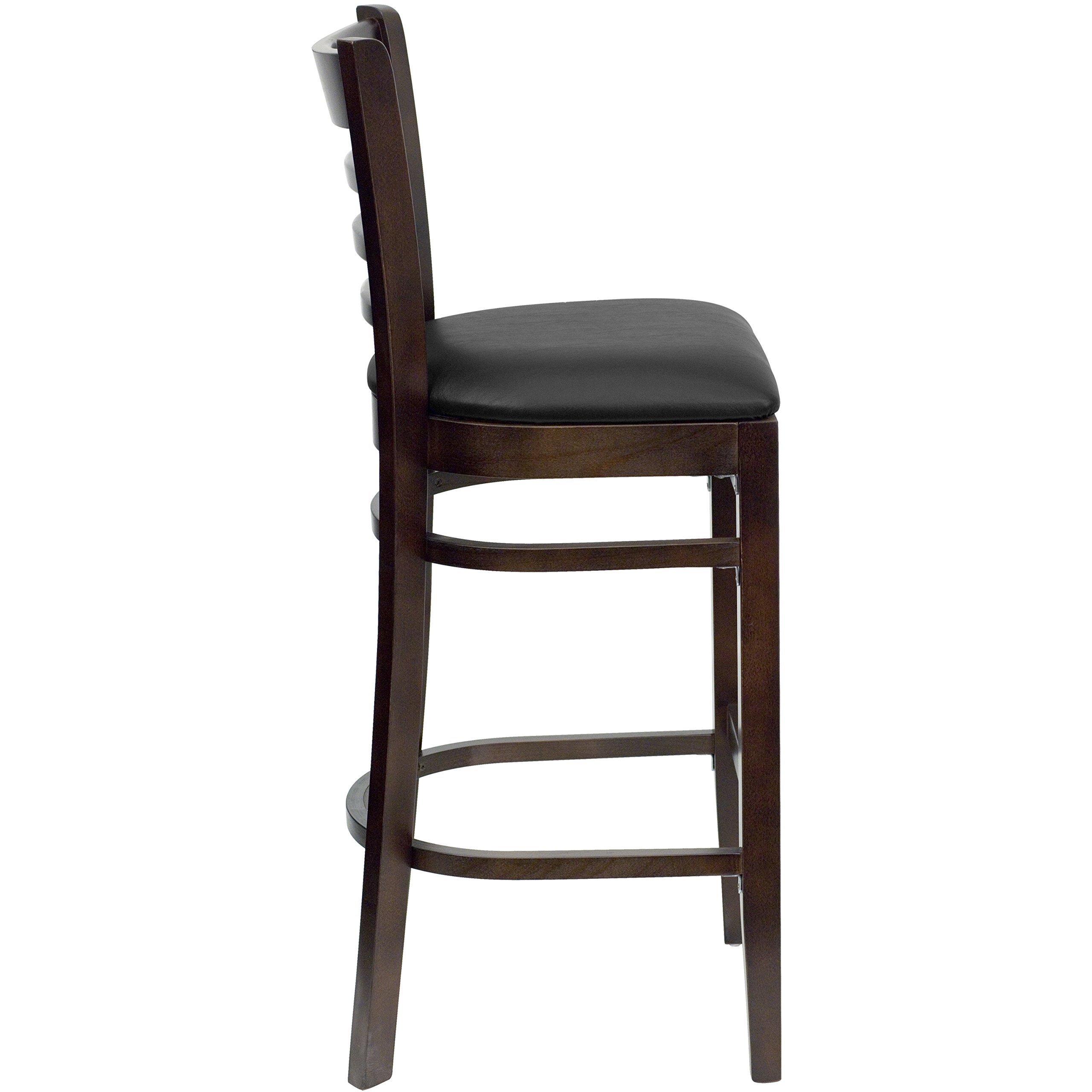 Black Vinyl Seat Ladder Back Walnut Wood Barstool - Rustic Kitchen Island Stool, Counter Height Dining Chair for Home Bar, Breakfast Nook & Farmhouse Decor