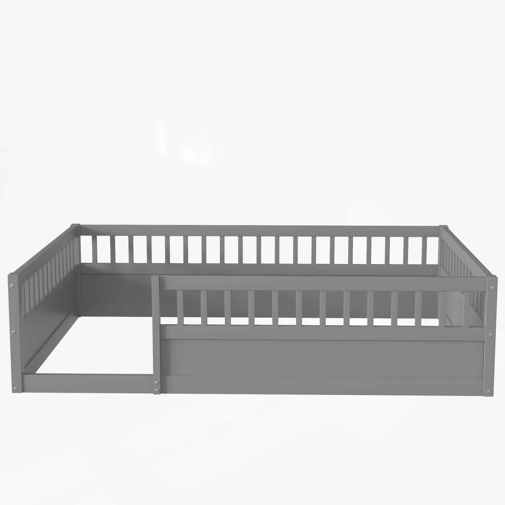 Montessori Floor Bed for Kids - Full Size Wooden Playhouse Bed with High Safety Railings for Baby Boys, Girls & Teens - Gray (No Slats Included) - Perfect for Montessori Bedrooms, Playrooms & Safe Toddler Sleep Spaces