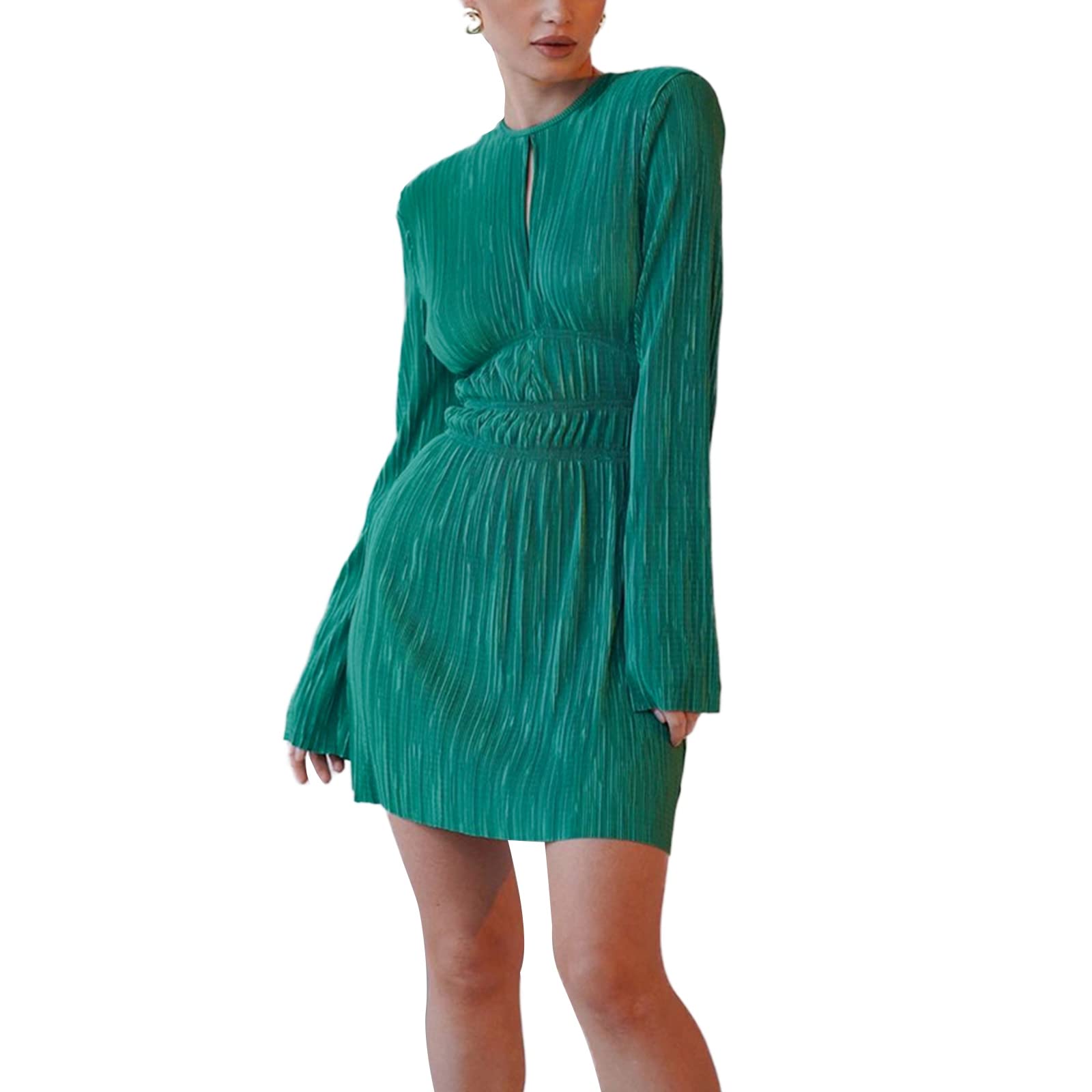 Y2K Vintage Pleated Mini Dress with Cutout & Long Sleeves - Elastic Waist Elegant Cocktail Party Wedding Dress for Women (Green, Size M) | Perfect for Date Nights, Formal Events & Special Occasions