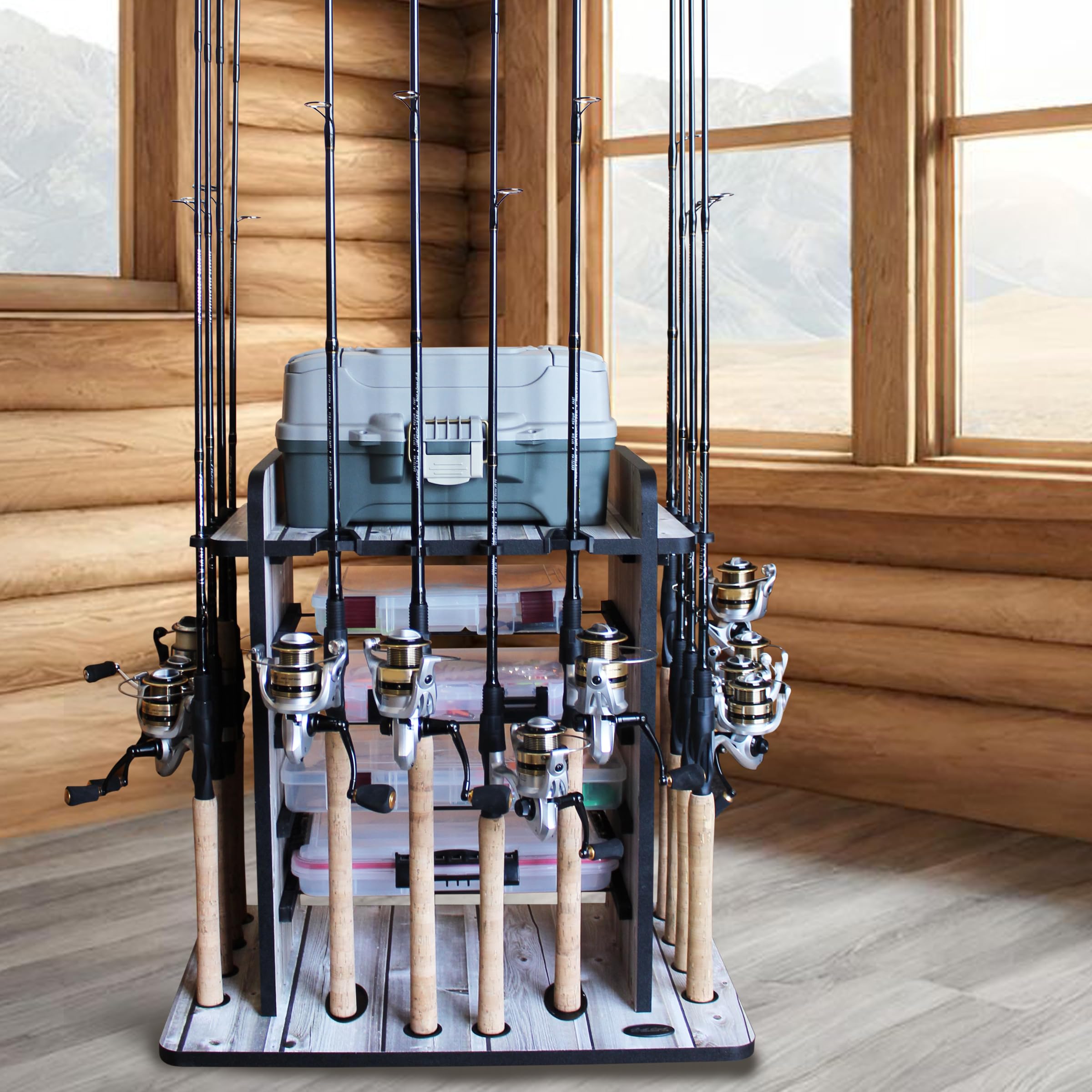 **Rush Creek Creations 14-Slot Fishing Rod Holder – Saltwater & Freshwater Pole Organizer with 4 Tackle Box Storage – Perfect for Garage, Boat & Fishing Accessories Storage**    *(Use Case: Ideal for anglers to store and organize fishing rods, tackle boxes, and gear in garages, boats, or fishing cabins.)*