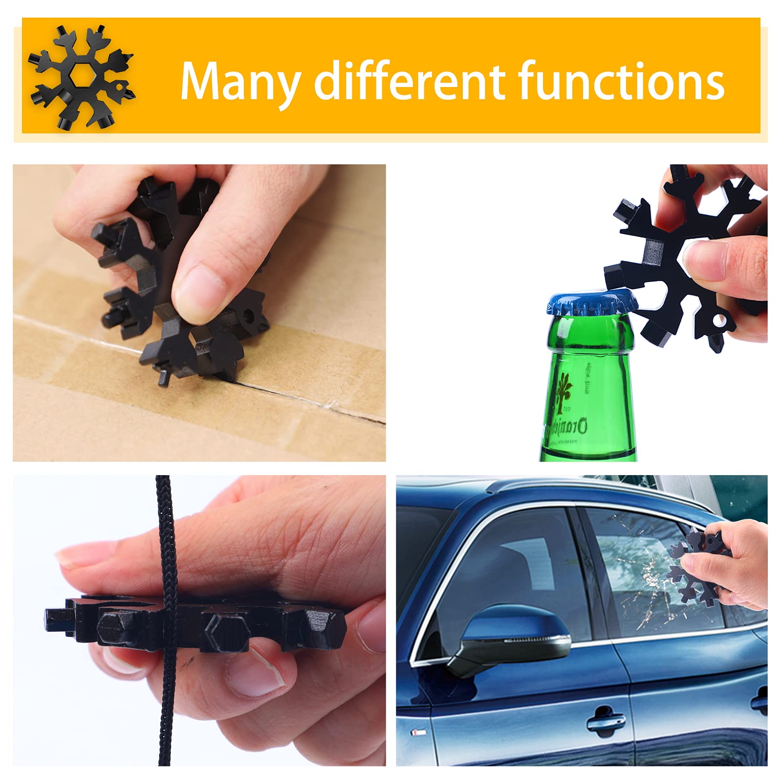 FZENeast 18-in-1 Stainless Steel Snowflake Multitool Set (3 Pack) - Snowflake Wrench with Key Ring, Carabiner Clip & Storage Bag - Black - Perfect for Camping, Hiking, Emergency Kits & Outdoor Adventures