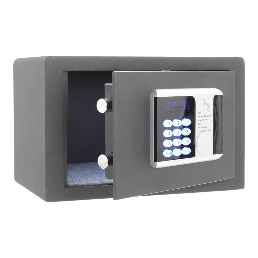 RFID Electronic Safe with RFID Card & Key Entry - Digital & Mechanical Lock Security Box for Home, Office, Hotel - Charcoal Black Anti-Theft Safe for Cash, Jewelry, Documents Protection