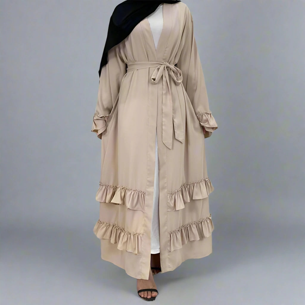 Elegant Muslim Women's Ruffle Sleeve Cardigan Open Robe Abaya Dress - Modest Islamic Clothing for Prayer, Home & Special Occasions