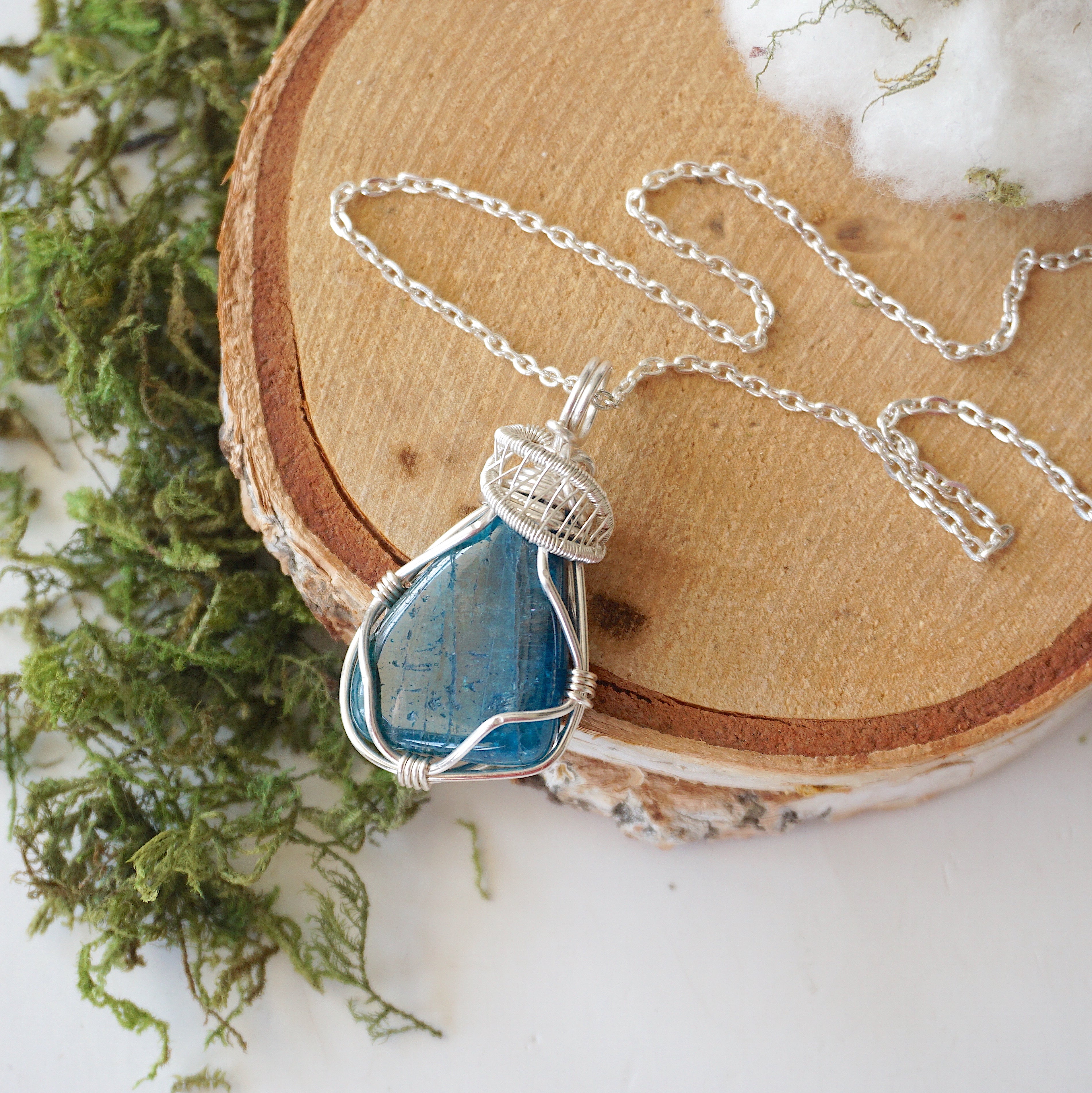 Blue Apatite Pendant Necklace - Sterling Silver Plated Jewelry for Women, Healing Crystal Gift for Spiritual Protection & Positive Energy
