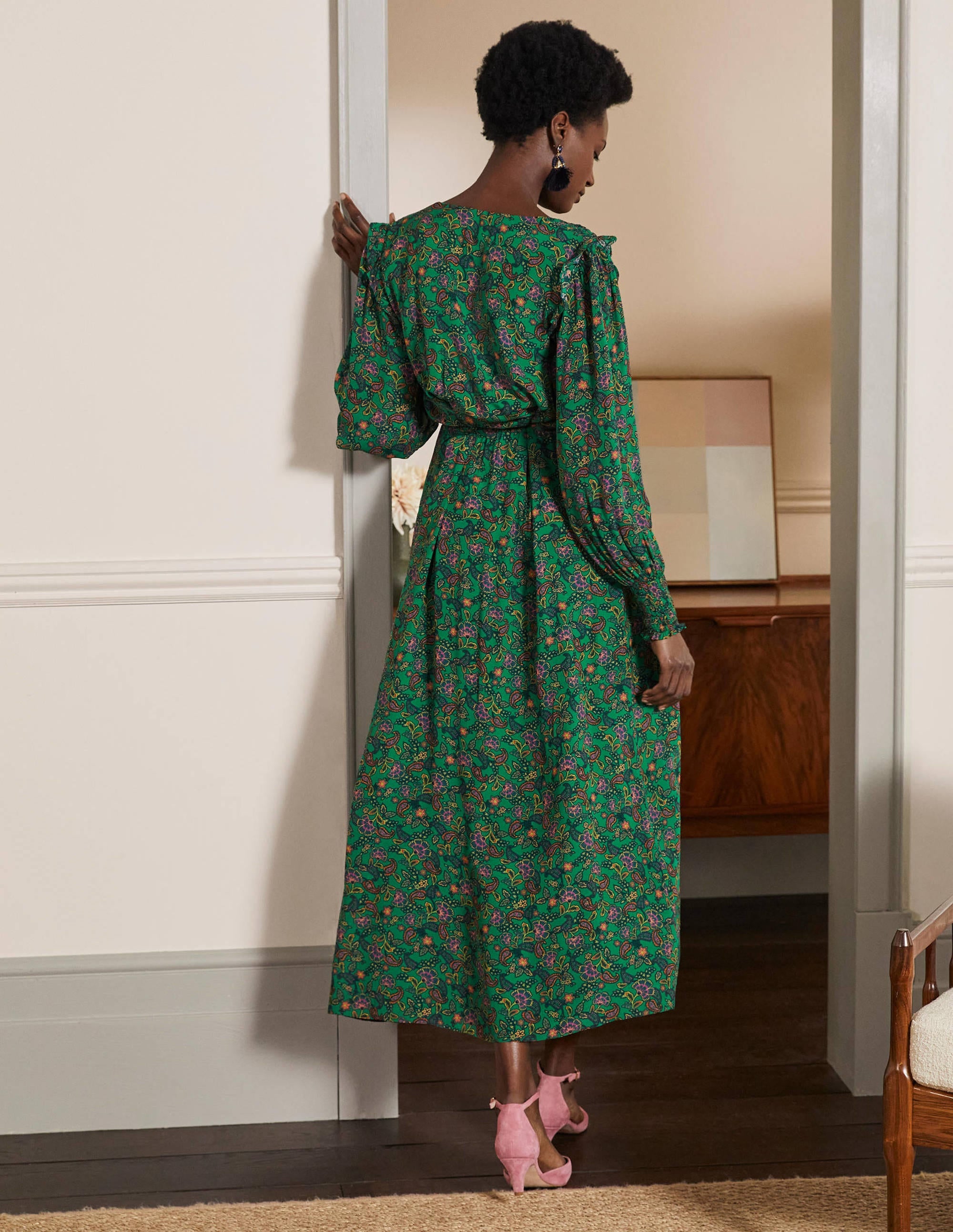 Becky Midi Wrap Dress in Highland Green - Exotic Floral Print Women's Summer Dress for Casual Outings, Date Nights & Vacation Wear