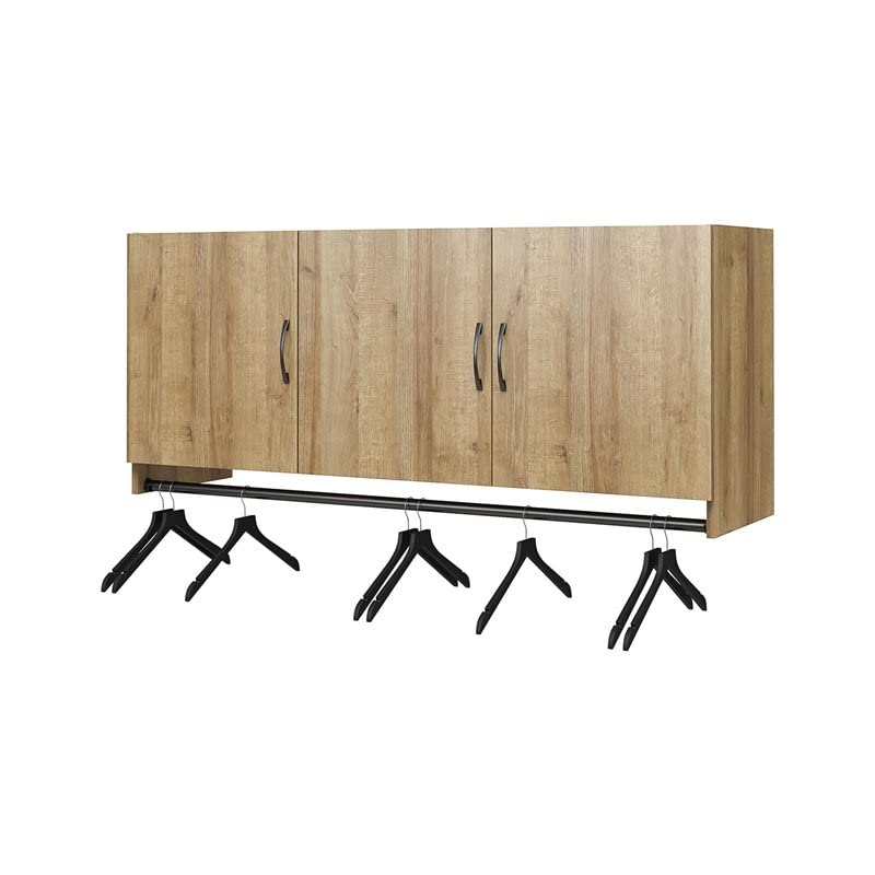 Pemberly Row 3-Door Wall Cabinet with Hanging Rod - Natural Finish for Bedroom Storage