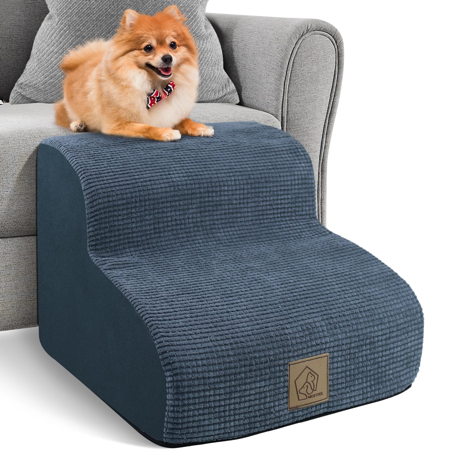 Mestuel 2-Step Foam Dog Stairs for Small Dogs - Non-Slip Bottom & Washable Cover - Light Blue Pet Steps for Couch, Sofa, Bed Access - Indoor Pet Ramp for Elderly or Injured Dogs