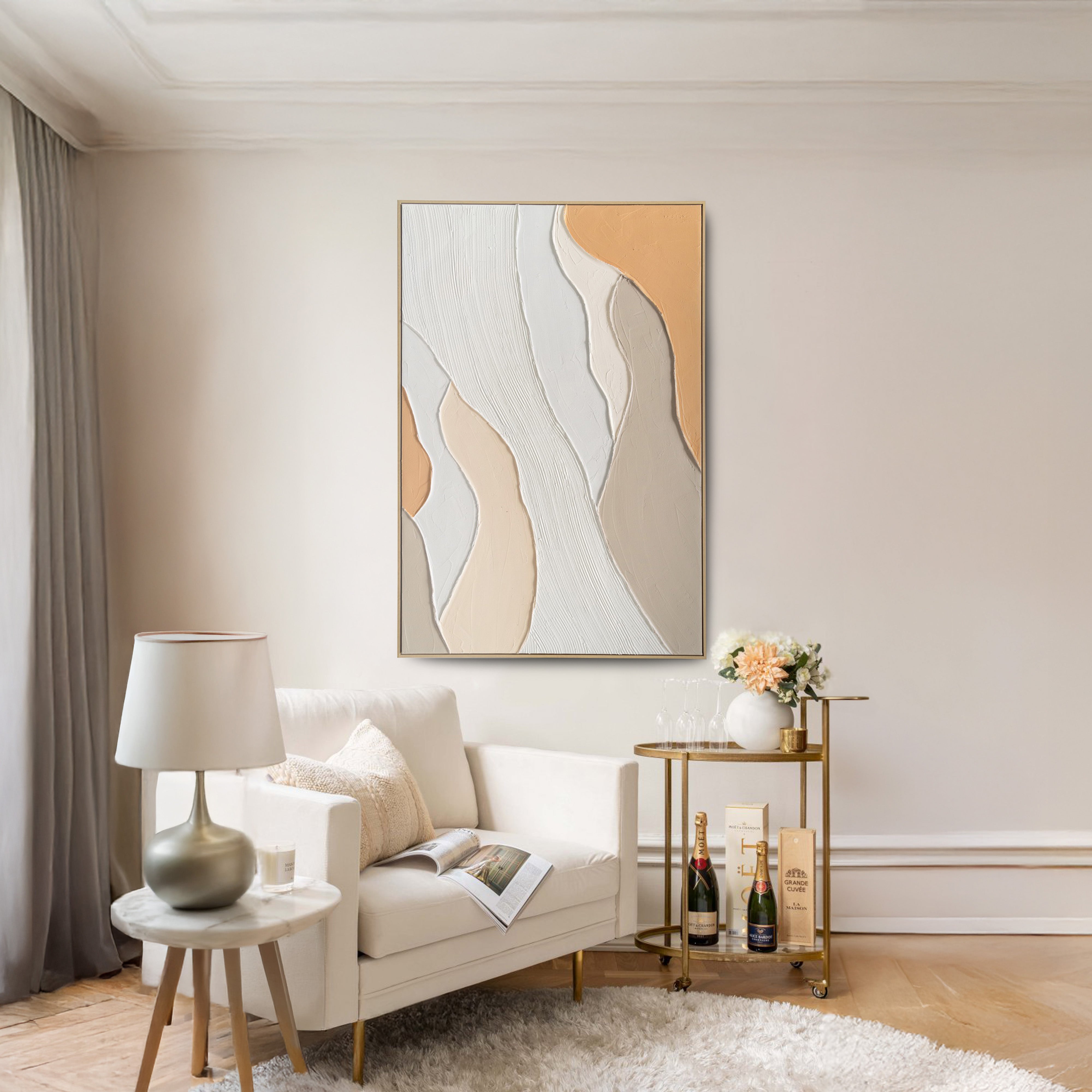 Urban Style Textured Apricot Waves Oil Painting Brushstrokes - Handmade Wall Art for Living Room, Bedroom & Office Decor