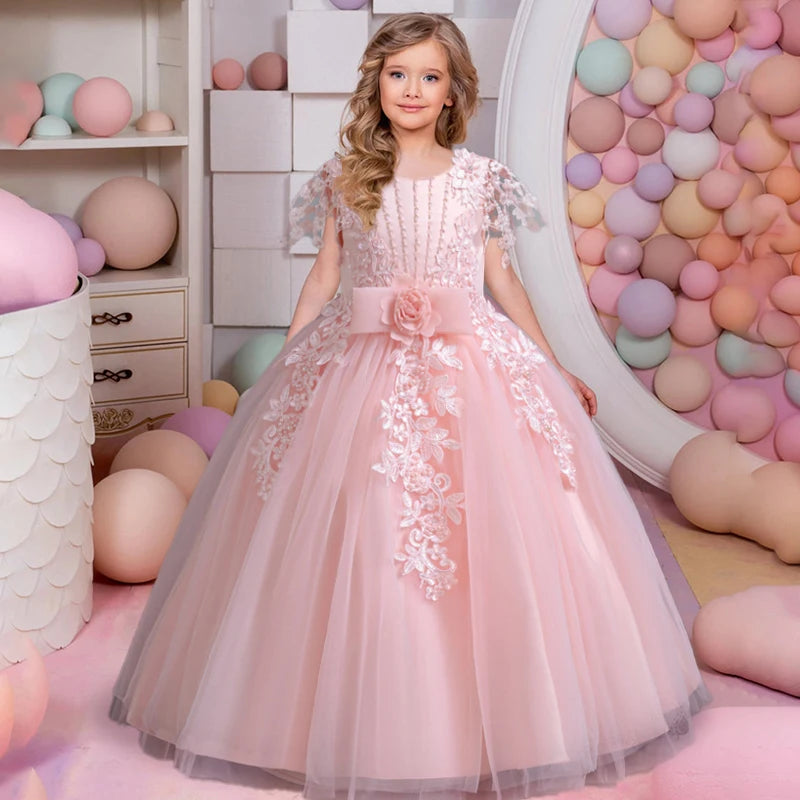 Girl's Floral Bow Lace Mesh Party Dress for Ages 4-12 Years | Perfect for Birthday Celebrations, Dance Performances & Special Occasions