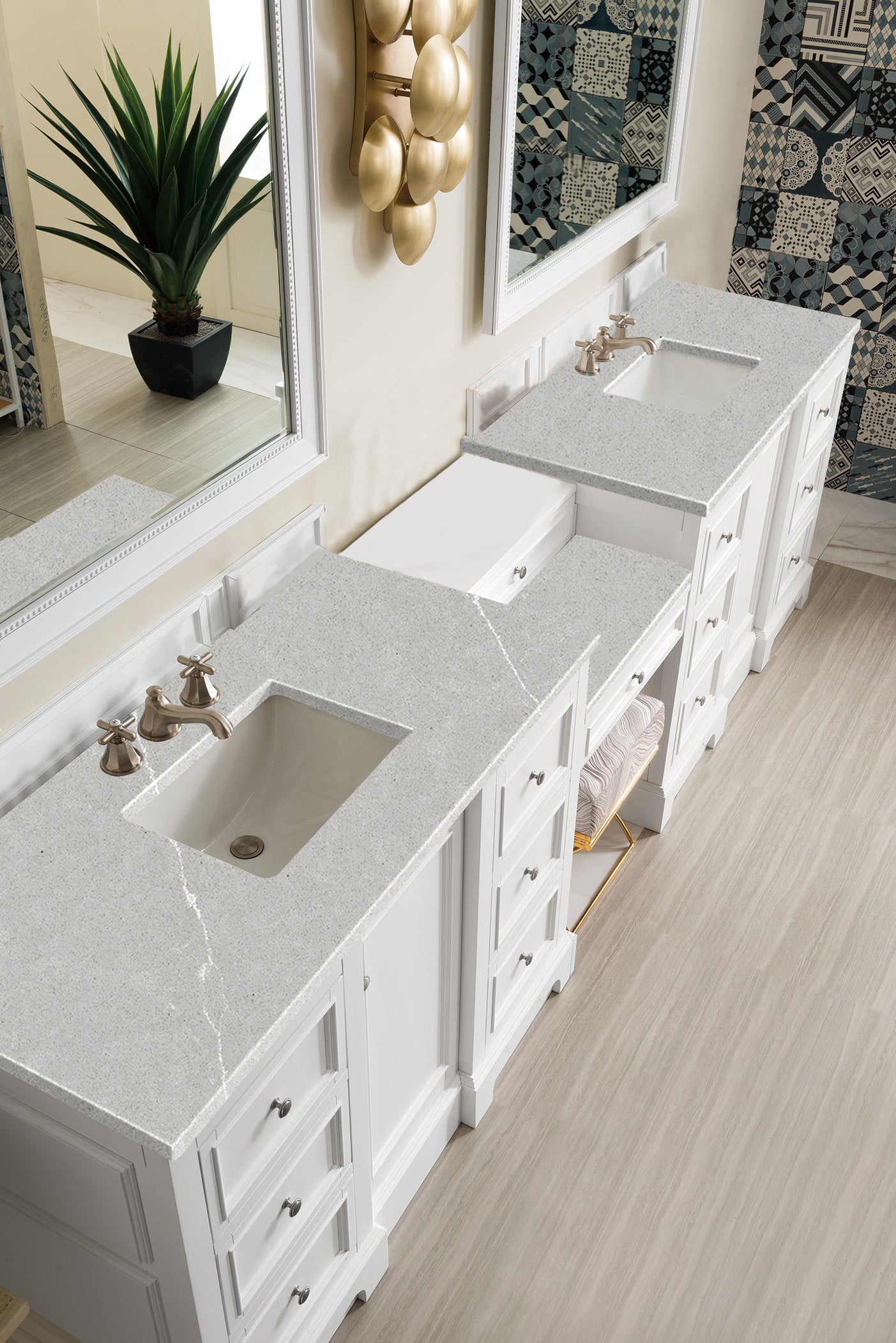 De Soto 118 Double Vanity Set with Makeup Table - Bright White Finish & 3CM Eternal Serena Quartz Top | Perfect for Master Bathroom, Guest Bathroom & Dressing Room Makeup Station