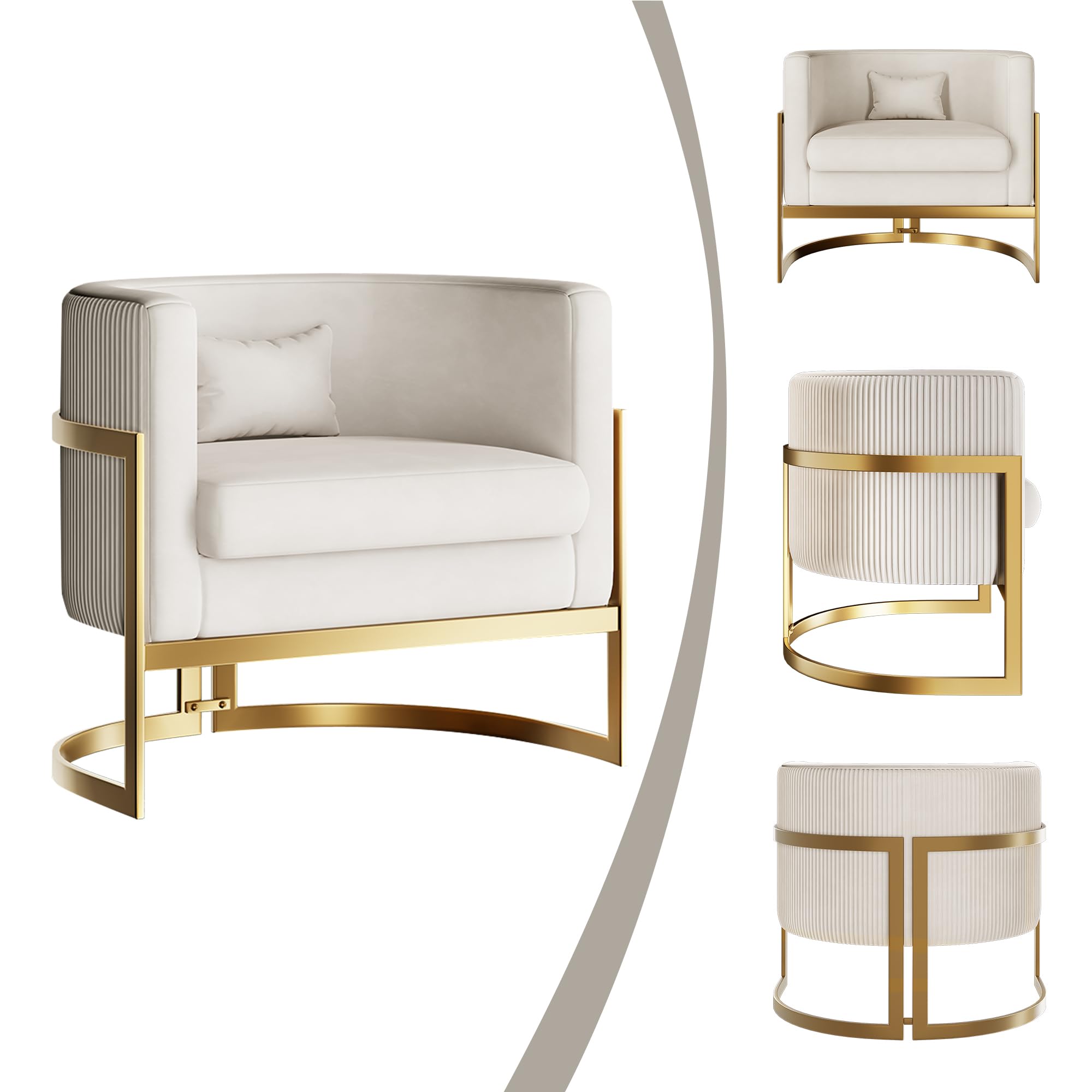 Velvet Accent Chair with Gold Legs - Modern Upholstered Barrel Armchair for Living Room, Bedroom & Office - Soft Club Side Chair in Ivory for Relaxing & Home Decor