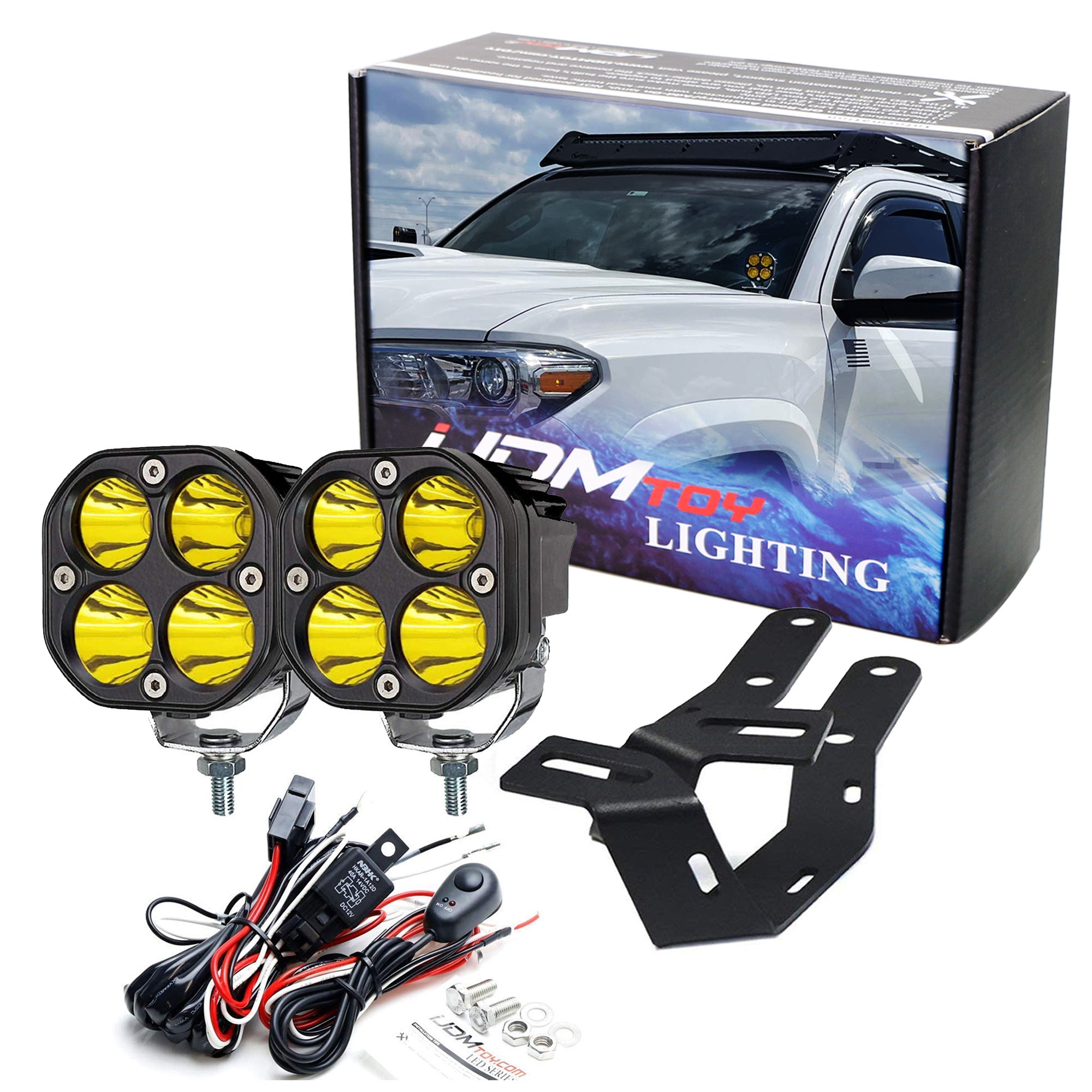 2500K Yellow Round LED A-Pillar Pod Light Kit with Bracket & Wiring Harness for 2016-2023 Toyota Tacoma - Off-Road Driving & Nighttime Visibility Enhancement