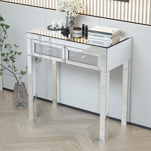 PovKeever Vanity Desk with Mirror - Modern Dressing Table with Crystal Diamond Accents, 2 Drawers & MDF Top - Elegant Makeup Vanity Set for Women & Girls - Perfect for Home, Bedroom, or Office Beauty Station