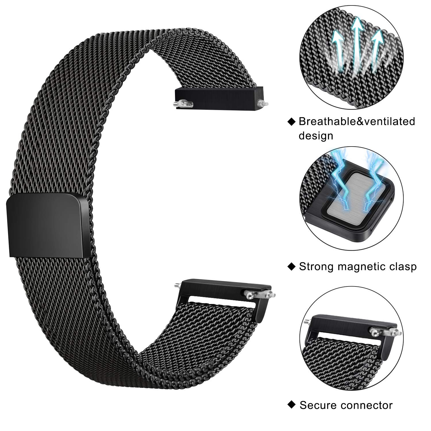 Premium Stainless Steel Mesh Watch Band 20mm 22mm - Quick Release Replacement Strap for Men & Women - Durable Metal Watch Strap for Apple Watch, Samsung, Fitbit & Smartwatches (Black, 20mm) - Perfect for Work, Gym & Everyday Wear