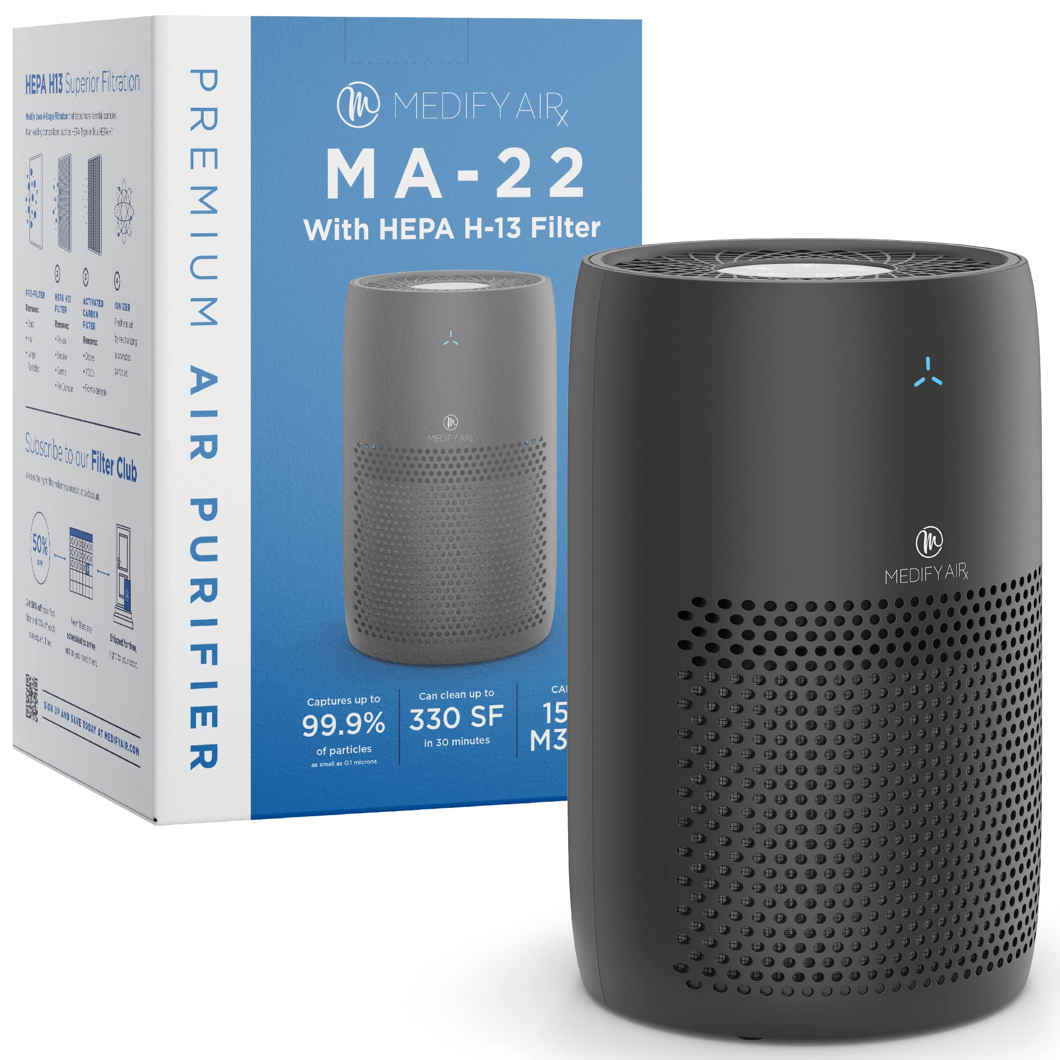 Medify MA-22 True HEPA H13 Air Purifier - Covers 555 sq ft in 1 Hour | Removes Allergens, Smoke, Dust, Odors, Pollen & Pet Dander (0.1 Micron Filtration) | Ideal for Home, Office, Bedroom & Nursery | Black, 1-Pack