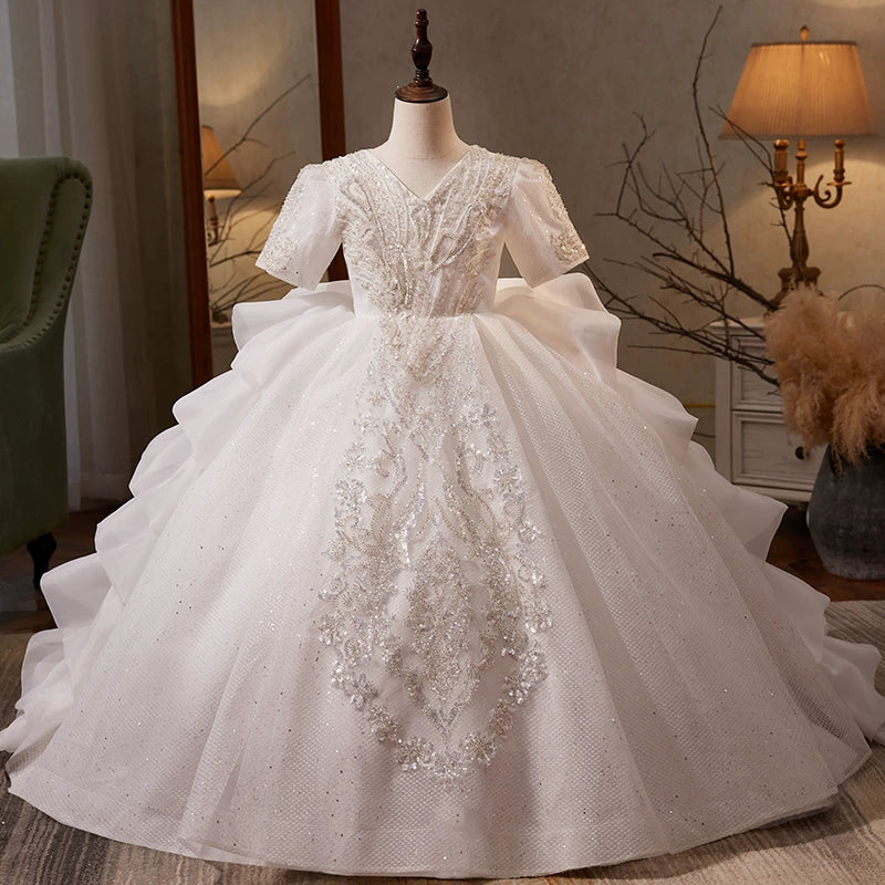 Elegant White V-Neck Floral Mesh Puffy Princess Dress for Baby Girls - Toddler Flower Girl Long Tail Party Dress for Weddings, Baptisms & Special Occasions