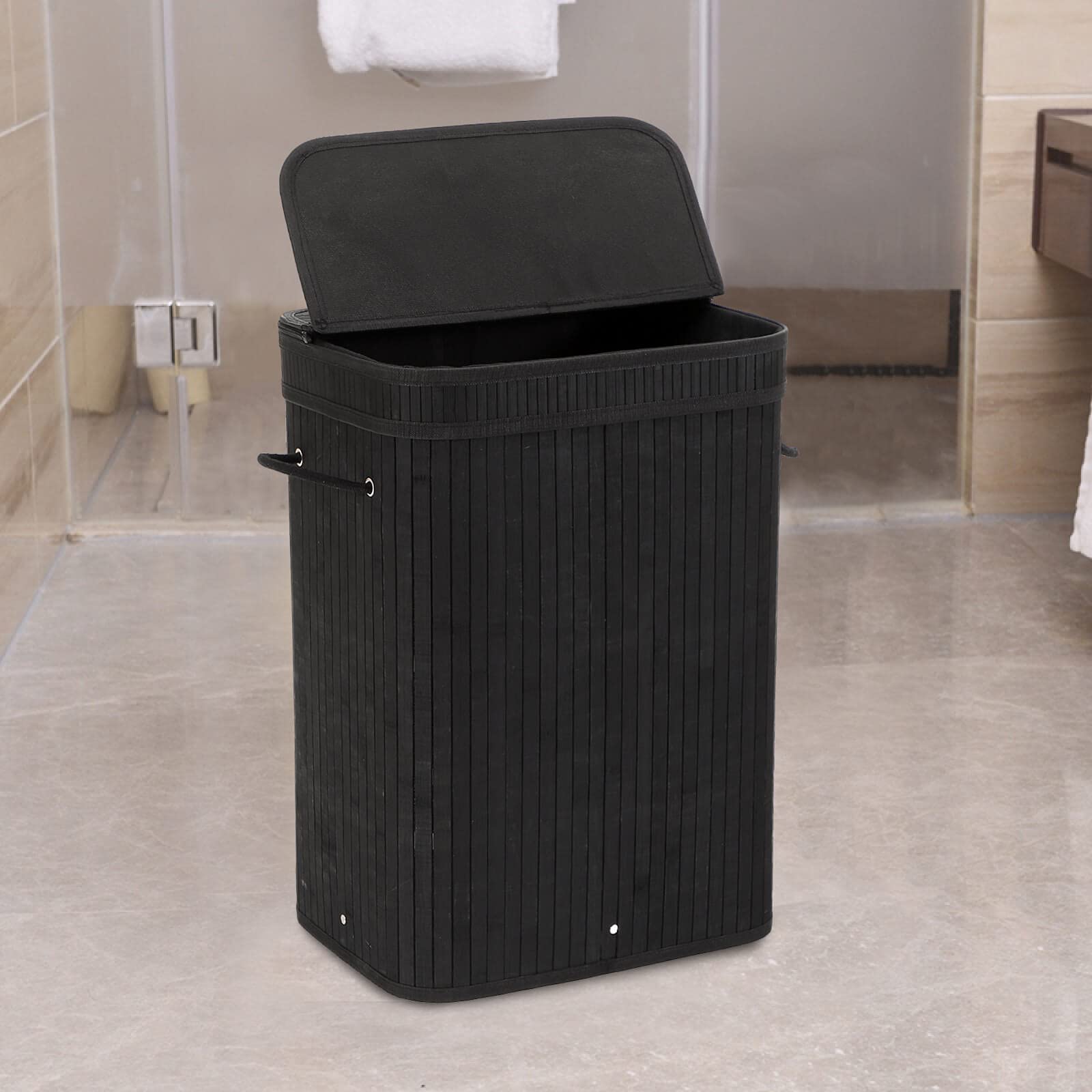 Sophia & William 72L Bamboo Laundry Hamper with Lid - Collapsible Clothes Basket with Removable Liner & Handles - Perfect for Bedroom, Bathroom, Dorm, and Laundry Room Organization - Black