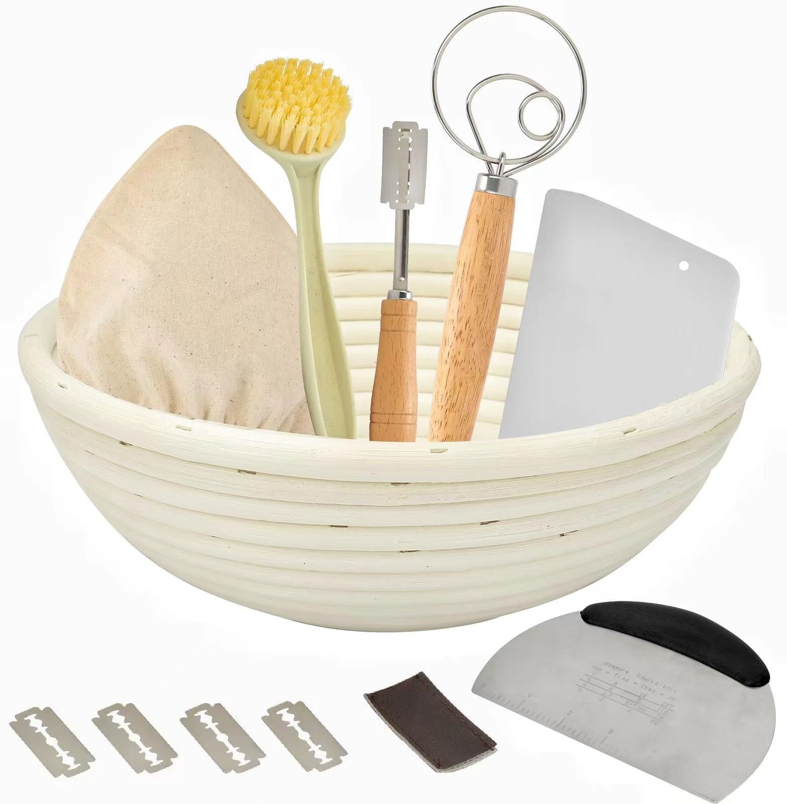 Sourdough Bread Baking Kit - 9 Inch Round Banneton Basket with Linen Liners, Dough Scraper, Whisk, Cutter & Bread Lame - Complete Starter Set for Homemade Artisan Bread - Perfect for Beginners & Professional Bakers