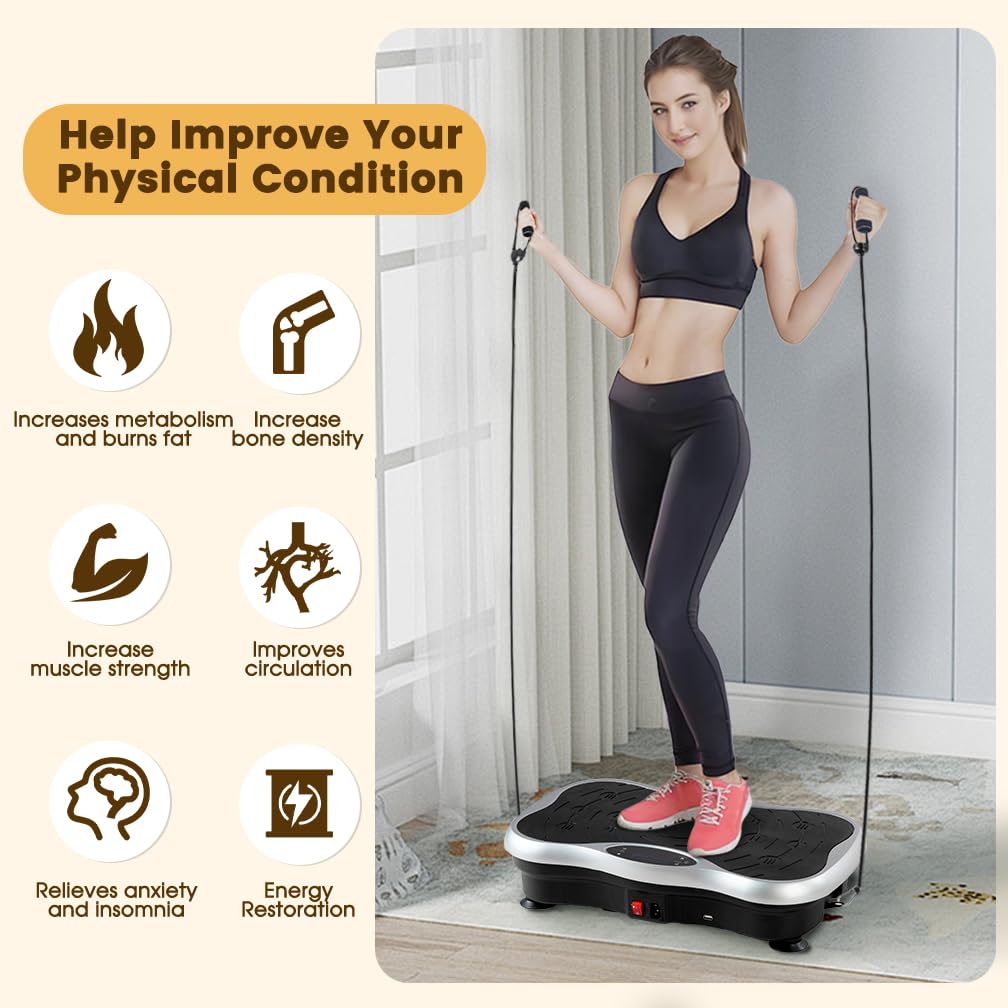 Vibration Plate Exercise Machine for Full Body Workout - Home Fitness Vibration Platform with Resistance Bands - Improve Circulation, Muscle Tone & Bone Density - Supports 330 lbs - Perfect for Home Gym, Weight Loss & Physical Therapy