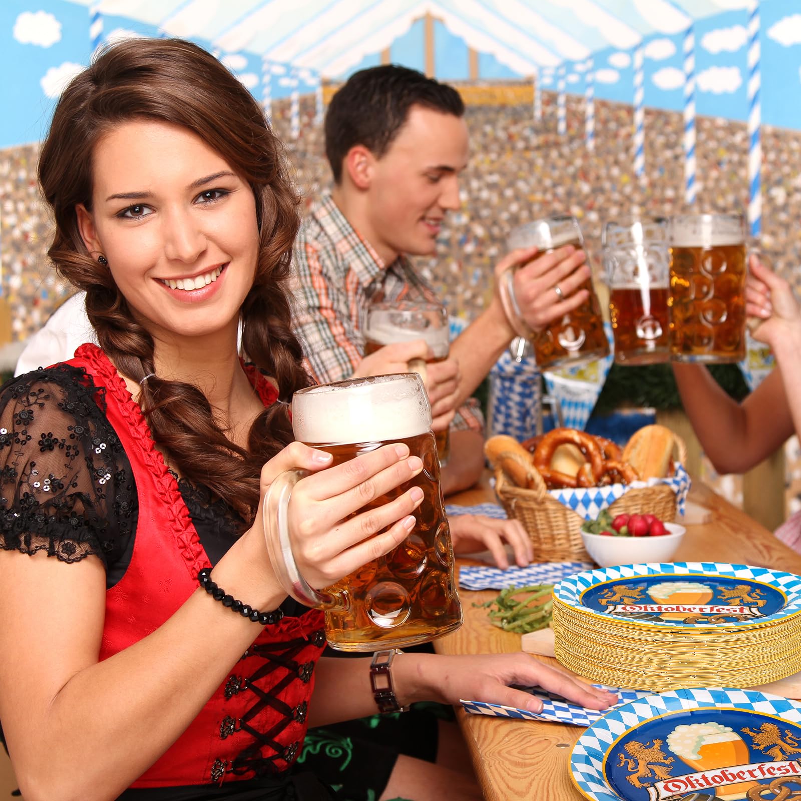 40Pcs Oktoberfest Themed Disposable Paper Plates - 9 Inch German Beer Festival Dinnerware with Bavarian Blue White Argyle & Lion Prints - Perfect for Munich Oktoberfest Parties, BBQs, and Themed Events