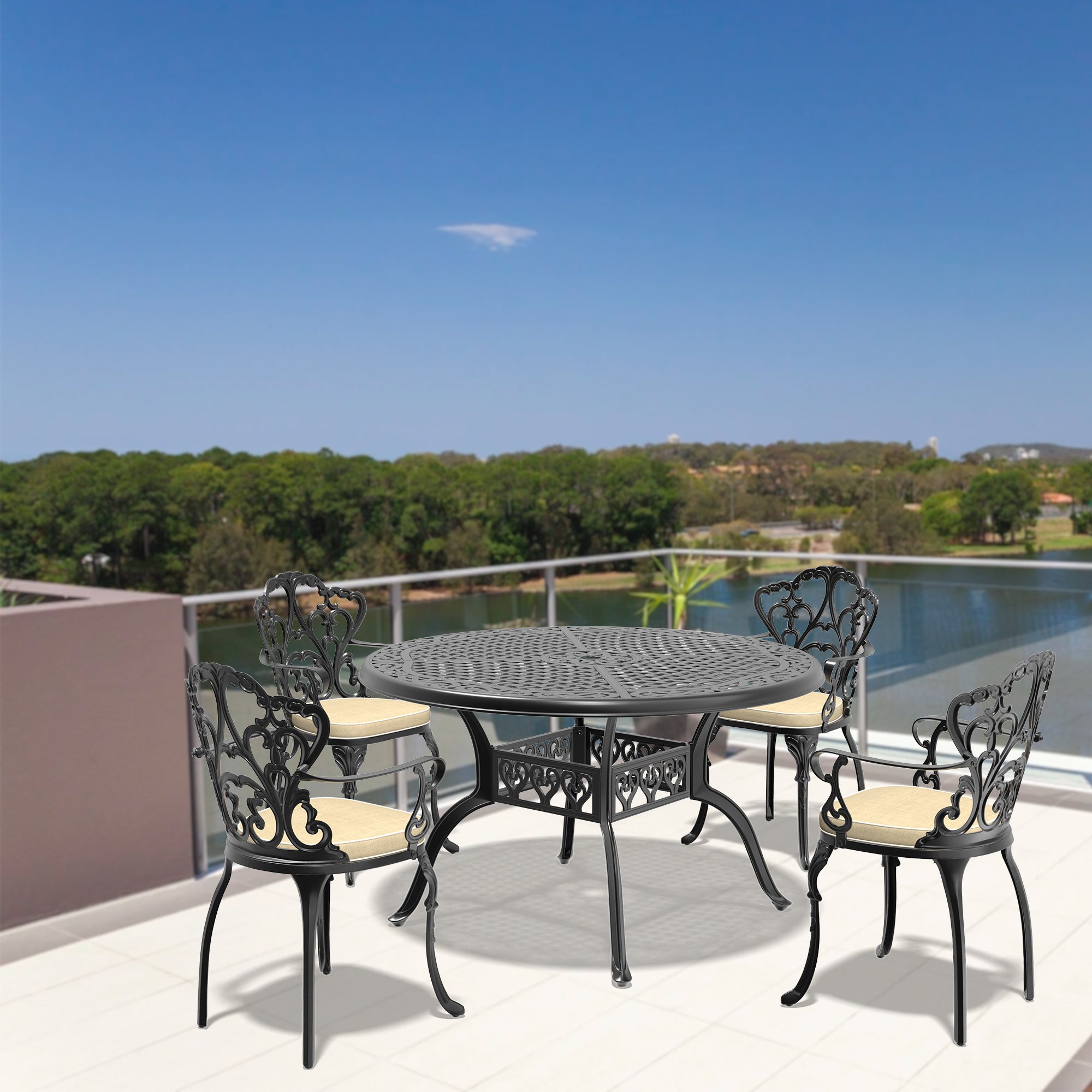 5-Piece Cast Aluminum Patio Furniture Set with Cushions - Outdoor Dining Set for Garden, Poolside & Backyard - Includes Weather-Resistant Cushions in Assorted Colors