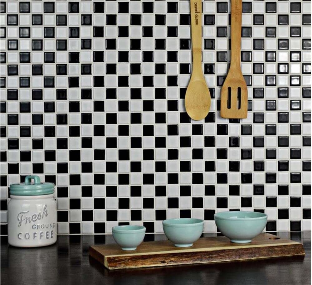 Black & White Square Checkered Porcelain Mosaic Tile - 12x12 Inch Shiny Glossy Finish (5 Sheets) - Perfect for Kitchen Backsplash, Bathroom Wall, and Flooring Decor