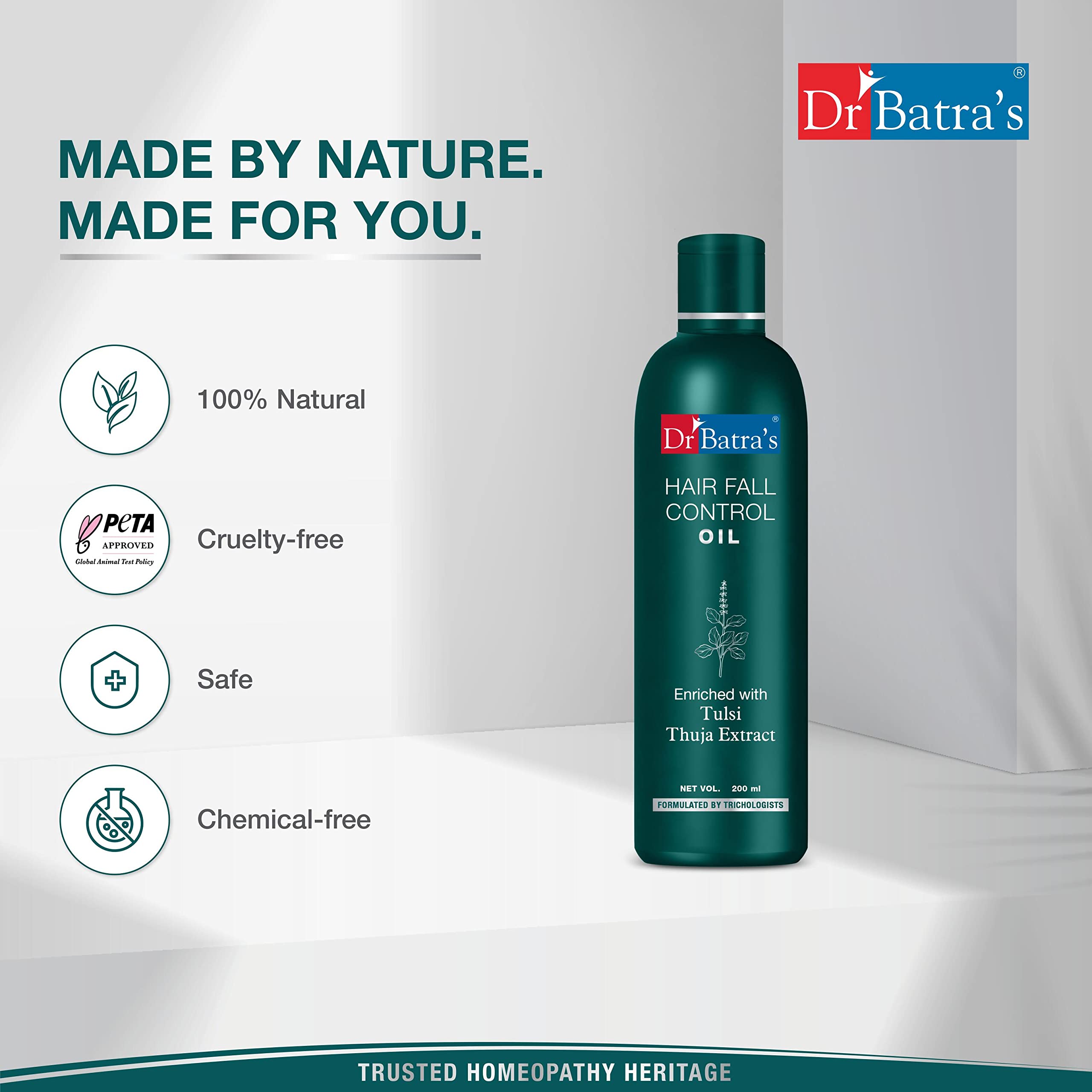Dr Batra's Hair Fall Control Oil - Natural Hair Growth Treatment with Thulsi, Brahmi & Thuja - Scalp Nourishment for Damaged Hair - Promotes Healthier Hair & Reduces Hair Loss (200ml) - Perfect for Daily Hair Care Routine & Scalp Massage