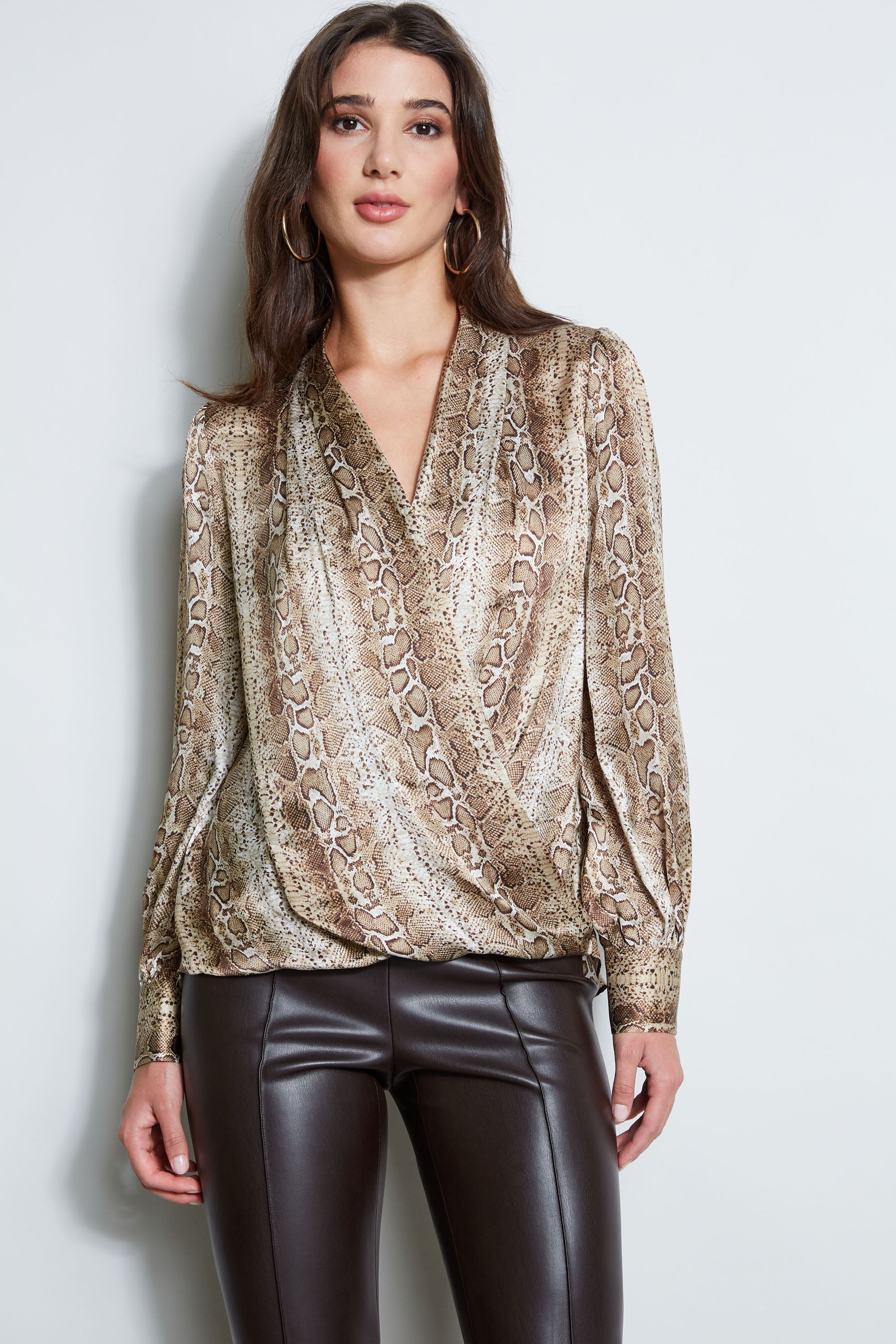 Silk Satin Python Print Draped Shirt for Women - Elegant Blouse for Party, Evening & Special Occasions