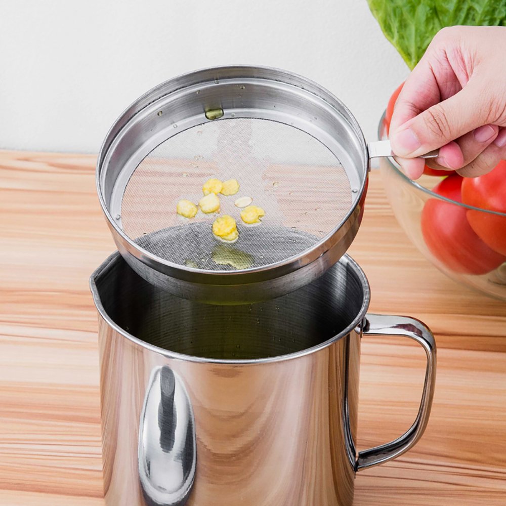Stainless Steel Grease Keeper with Mesh Strainer - 1.7L (8 Cups) Oil Storage Container for Kitchen - Perfect for Storing Cooking Oil, Bacon Grease & Frying Fat After Cooking