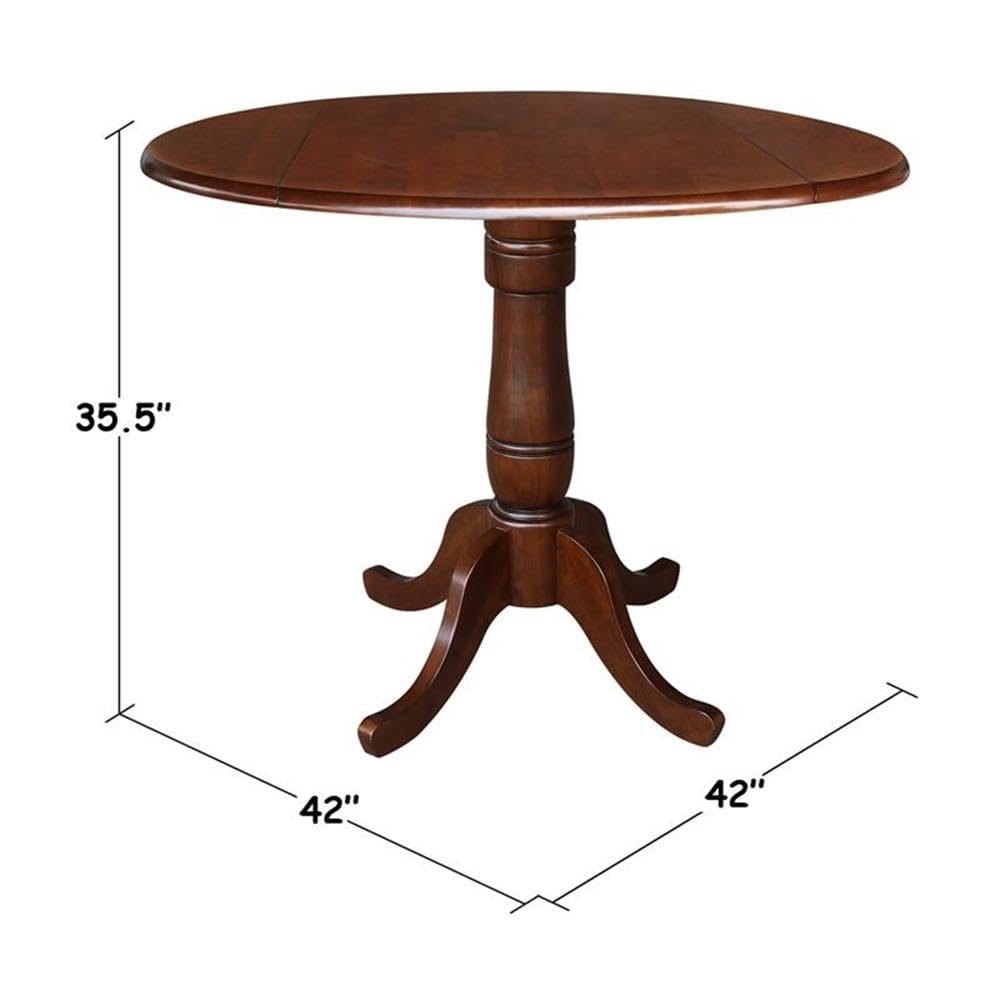 IC International Concepts Round Hardwood Dual Drop Leaf Pedestal Dining Table - Espresso Finish for Kitchen, Dining Room & Small Space Saving Furniture