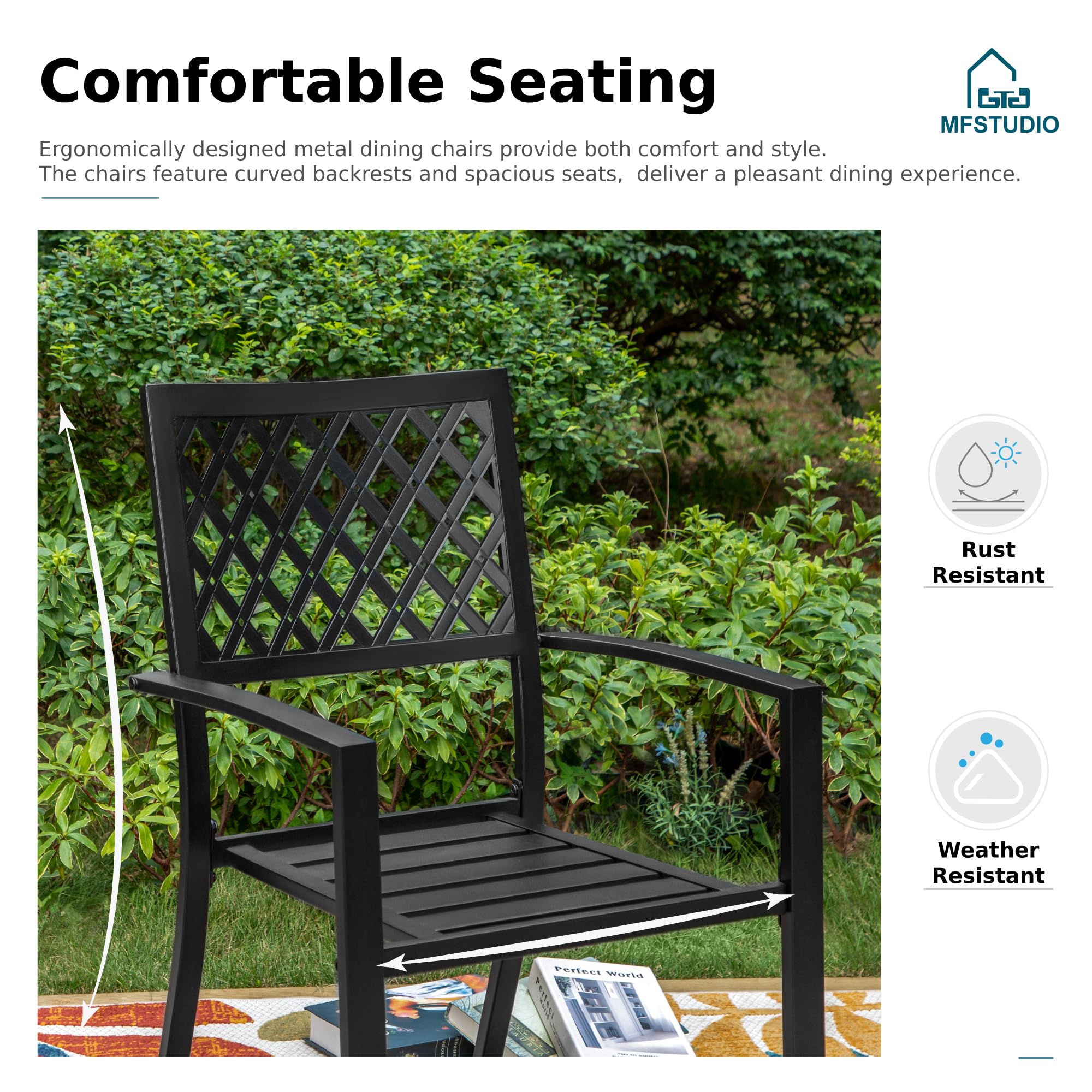 MFSTUDIO 7-Piece Outdoor Dining Set - 6 Metal Mesh Chairs & 1 Steel Rectangle Table with Umbrella Hole - Black Patio Furniture for Garden, Backyard, Poolside & Outdoor Entertaining