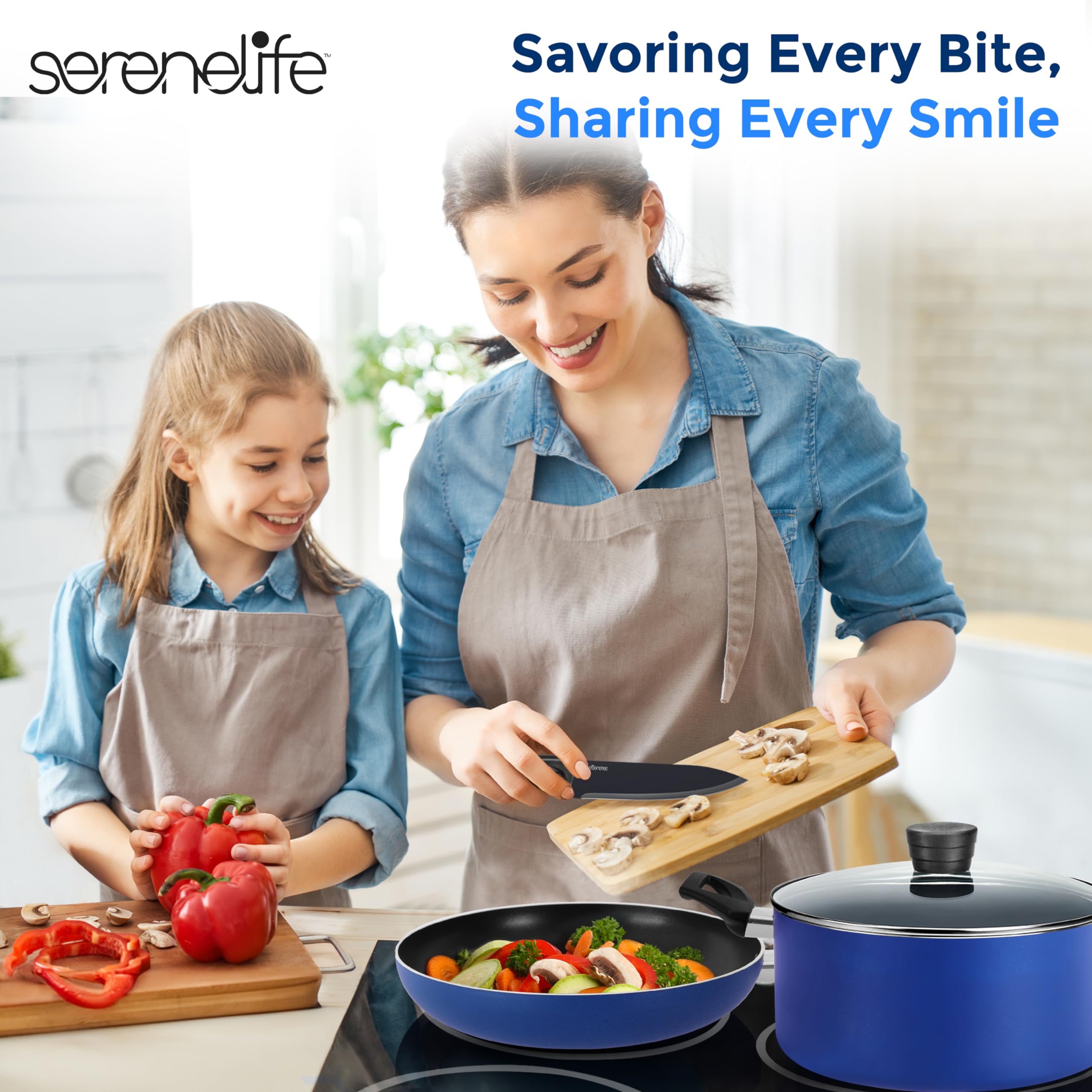 SereneLife 20-Piece Blue Nonstick Cookware Set with Knives, Pots, Pans & Utensils - Heat Resistant, Dishwasher Safe Kitchenware for Cooking, Baking & Meal Prep - Perfect for Home Chefs & Family Dinners
