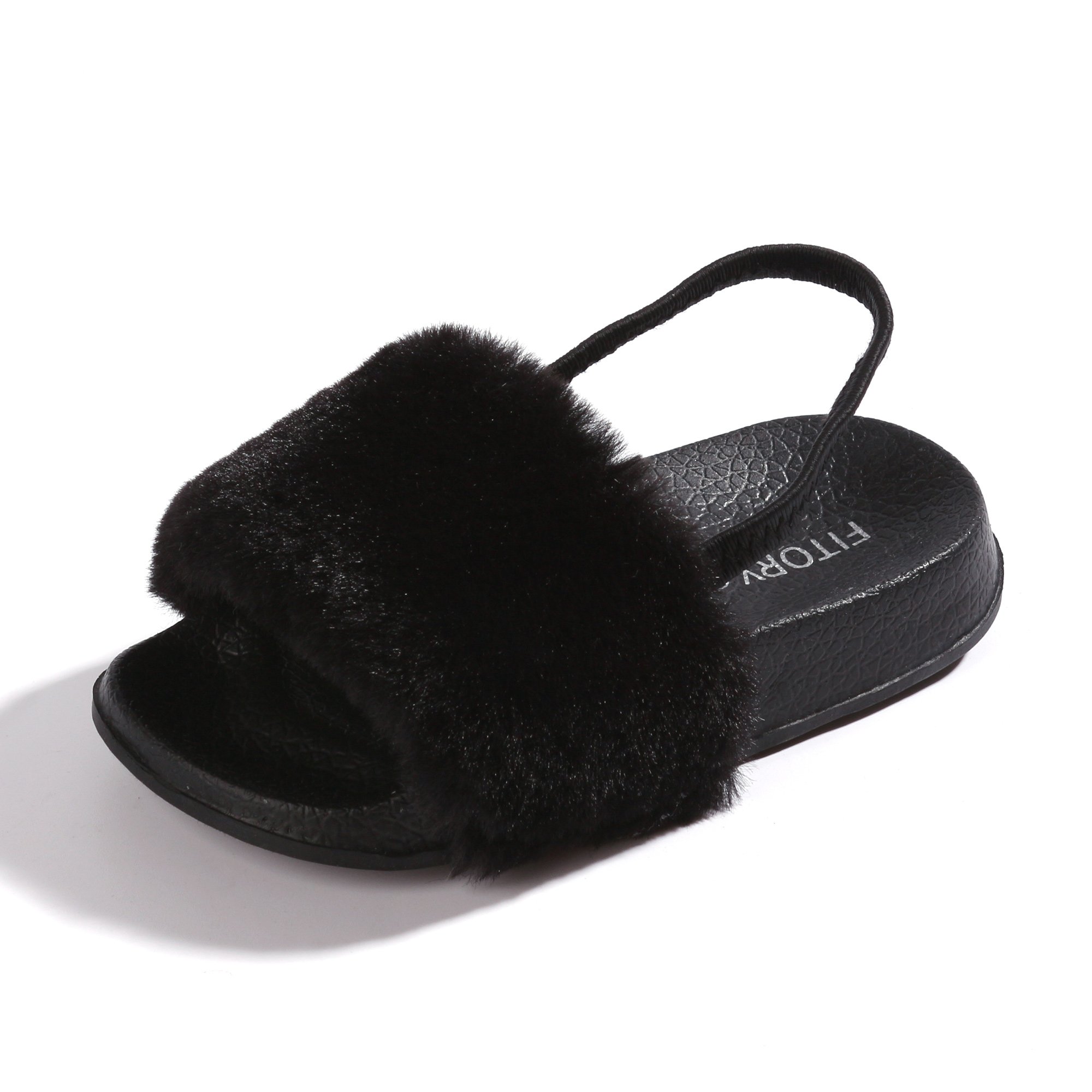 FITORY Girls Sandals for Toddlers - Soft Faux Fur Slides with Adjustable Elastic Back Strap, Comfortable Flat Shoes for Kids | Perfect for Indoor Play, Beach Trips & Summer Outfits