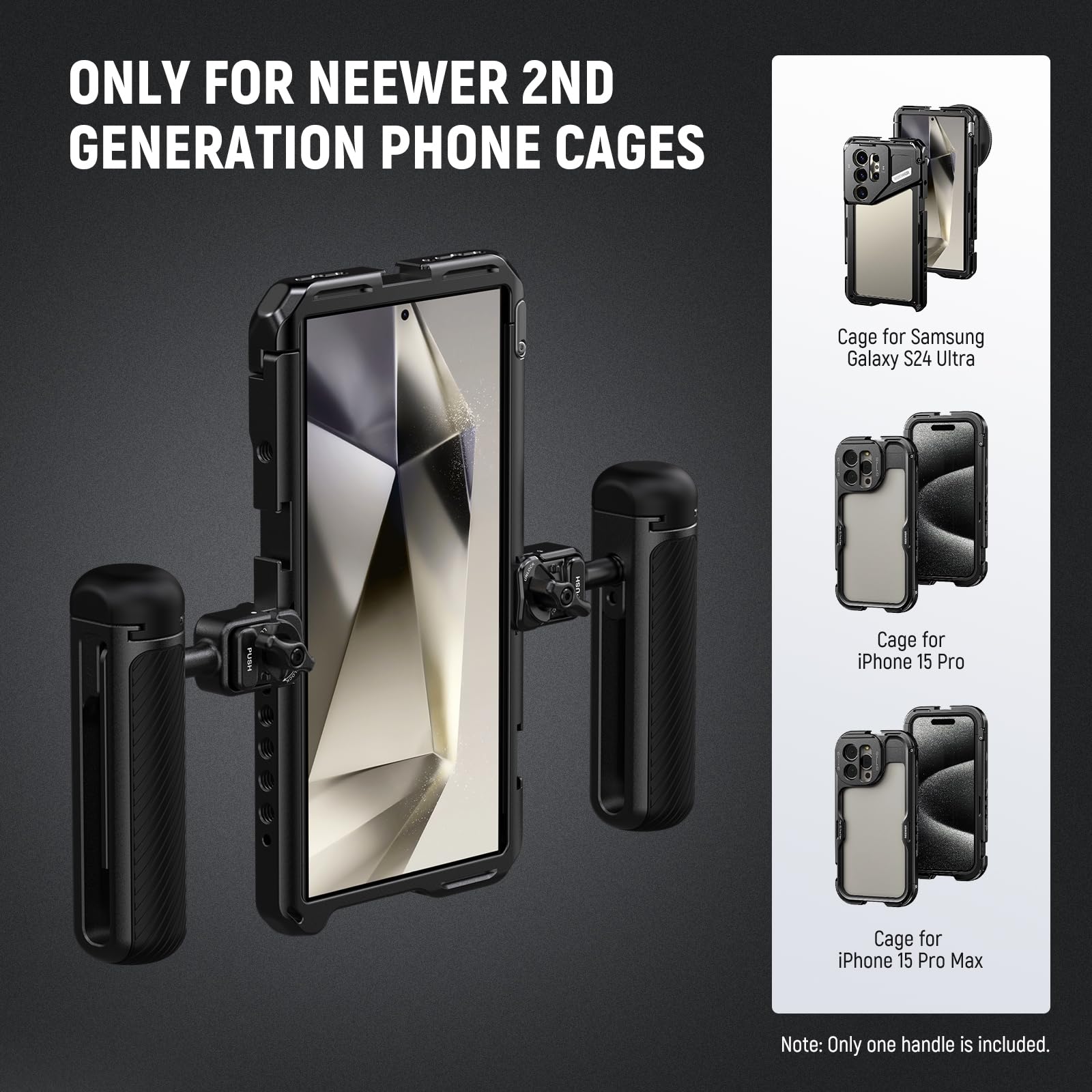 NEEWER Quick Release Side Handle for Phone Cage - Compatible with iPhone 16 Pro/16 Pro Max (PA073/PA074), Samsung S24 Ultra (PA042) - Anti-Slip Pin, Black Lock, Cold Shoe Mount - Perfect for Vlogging, Live Streaming & Mobile Filmmaking (PA045B)
