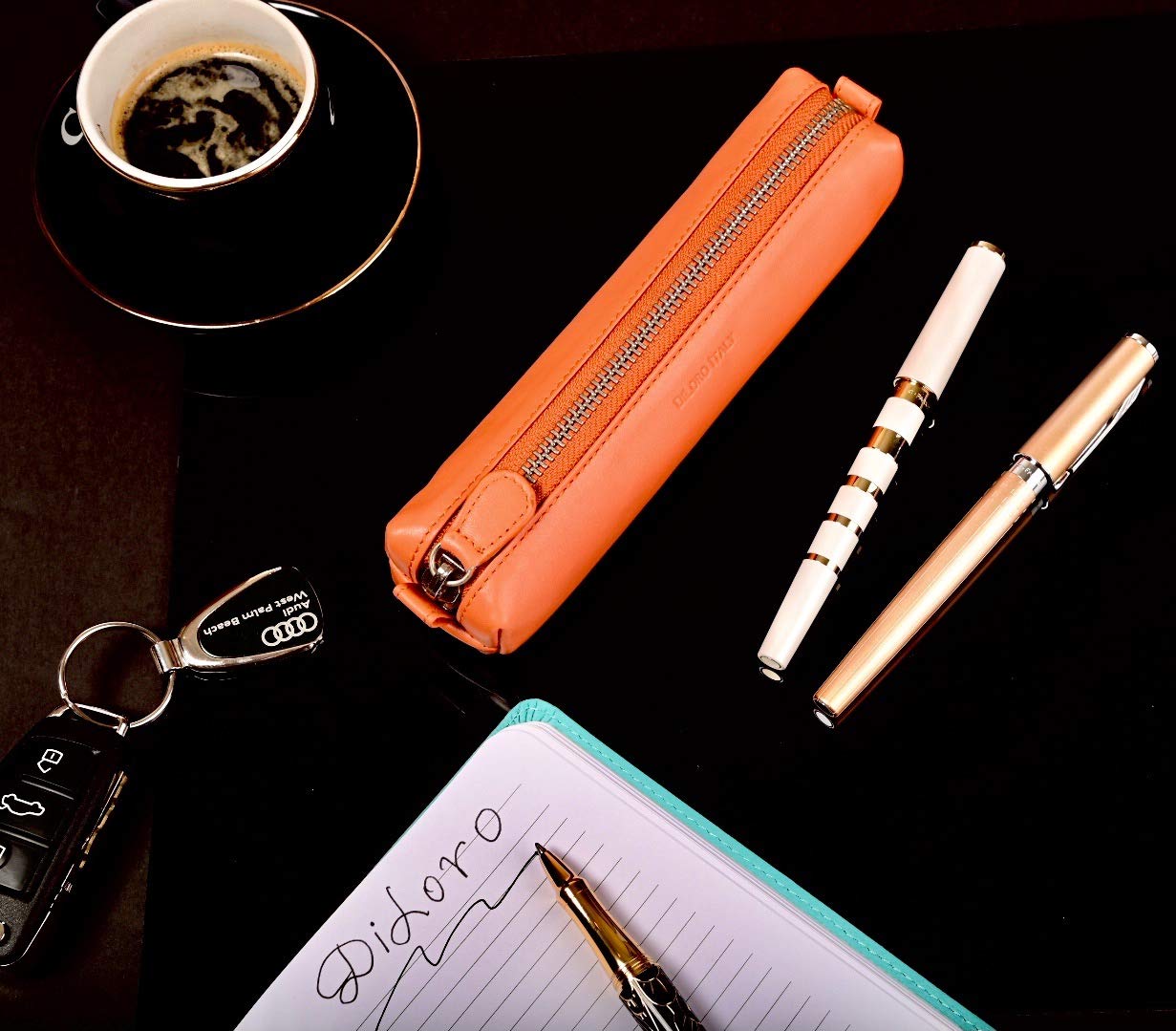 Premium Genuine Full Grain Soft Nappa Leather Pen Case - Zippered Pouch for Fountain, Ballpoint, Rollerball Pens & Pencils (Orange) - Perfect for Office, School & Travel Organization