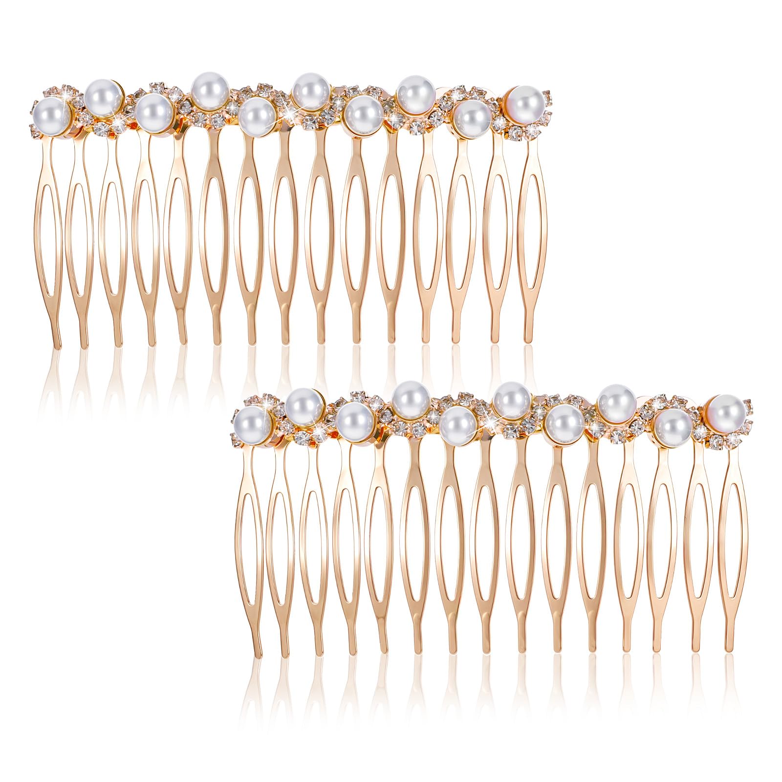 2Pcs Gold Pearl Hair Combs for Women with Rhinestones - Elegant Bridal Wedding Hair Accessories for Side Updos & Special Occasions