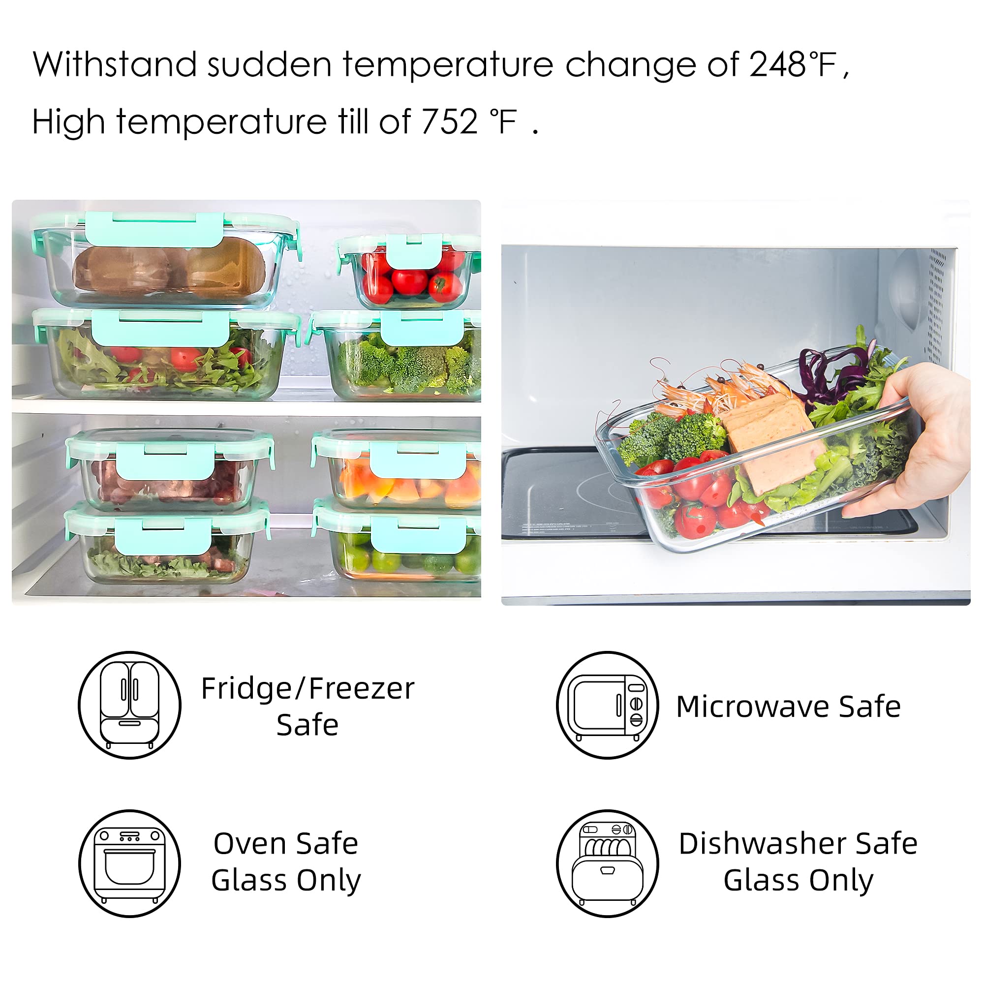 10-Pack Airtight Glass Food Storage Containers with Lids - Leakproof Meal Prep Containers, Microwave & Freezer Safe Glass Lunch Boxes (34oz & 12oz) - Perfect for Meal Prep, Leftovers & Office Lunch Storage