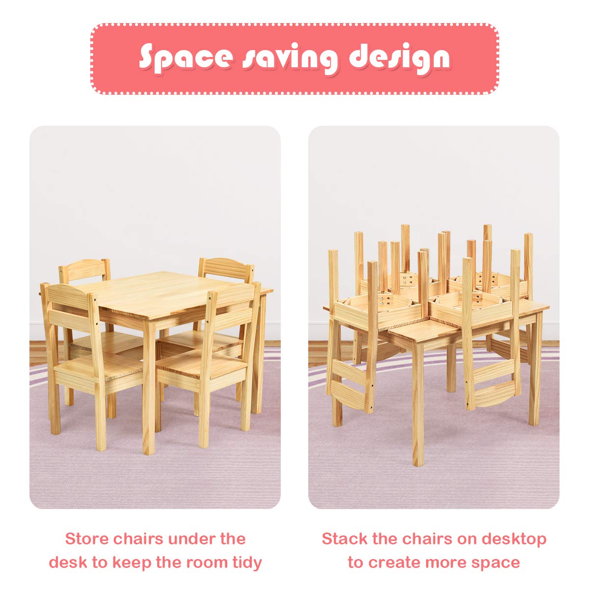 Costzon 5-Piece Kids Wooden Table and Chair Set - Natural Wood Activity Table & Chairs for Toddlers, Preschoolers | Perfect for Arts & Crafts, Homework, Snack Time | Durable Children's Furniture Set for Home, Classroom, Daycare - Ideal Gift for Boys & Girls