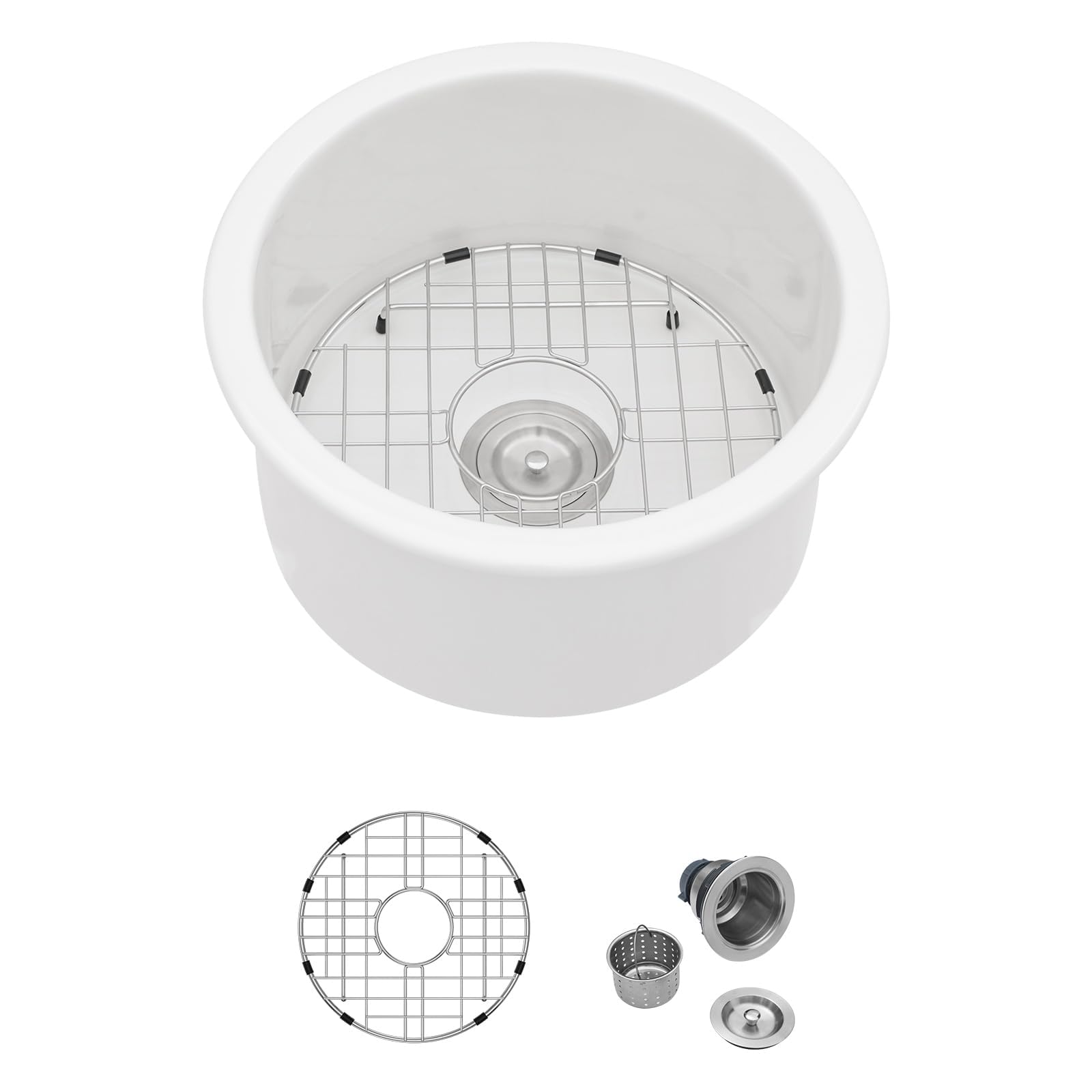 White Undermount Kitchen Sink 18x18 Inch Round Ceramic Fireclay Single Bowl Deep Bar Sink with Grid & Basket Strainer - Perfect for Modern Kitchens, Bars, and Small Spaces (LOF-LWFS1818)