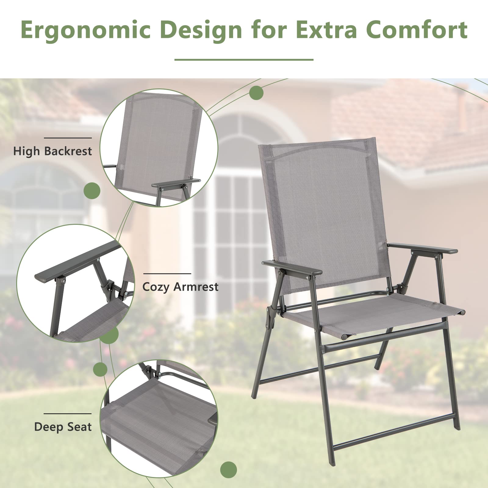 Giantex 4-Pack Folding Patio Chairs Set - Rustproof Metal Frame Outdoor Lawn Chairs for Porch, Deck, Garden, Backyard & Camping - Portable Dining Chairs (Gray) - Perfect for Outdoor Gatherings, BBQs, Picnics and Beach Trips