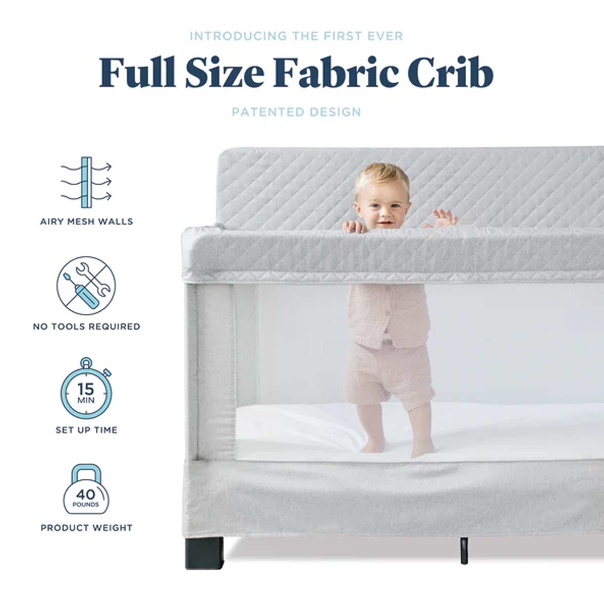 Baby Delight Horizon Full Size Crib with Breathable Mesh Walls - Tool-Free Assembly, Luxe Quilted Easy-Clean Fabric in Grey | Safe Nursery Bed for Newborns & Toddlers | Perfect for Daycare, Home Nursery & Travel