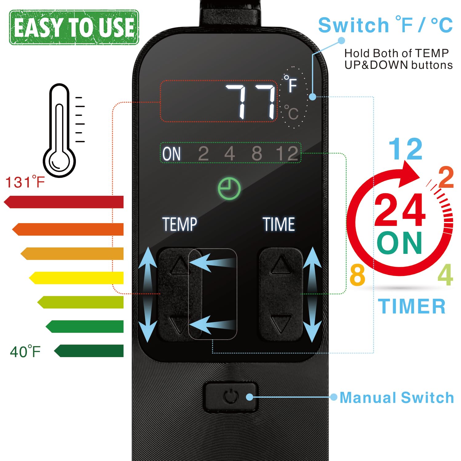 Reptile Dimming Thermostat with Timer - Precise Temperature Control for Heat Lamps, Heating Pads & Seedling Mats - Ideal for Terrariums, Reptile Tanks & Plant Nurseries