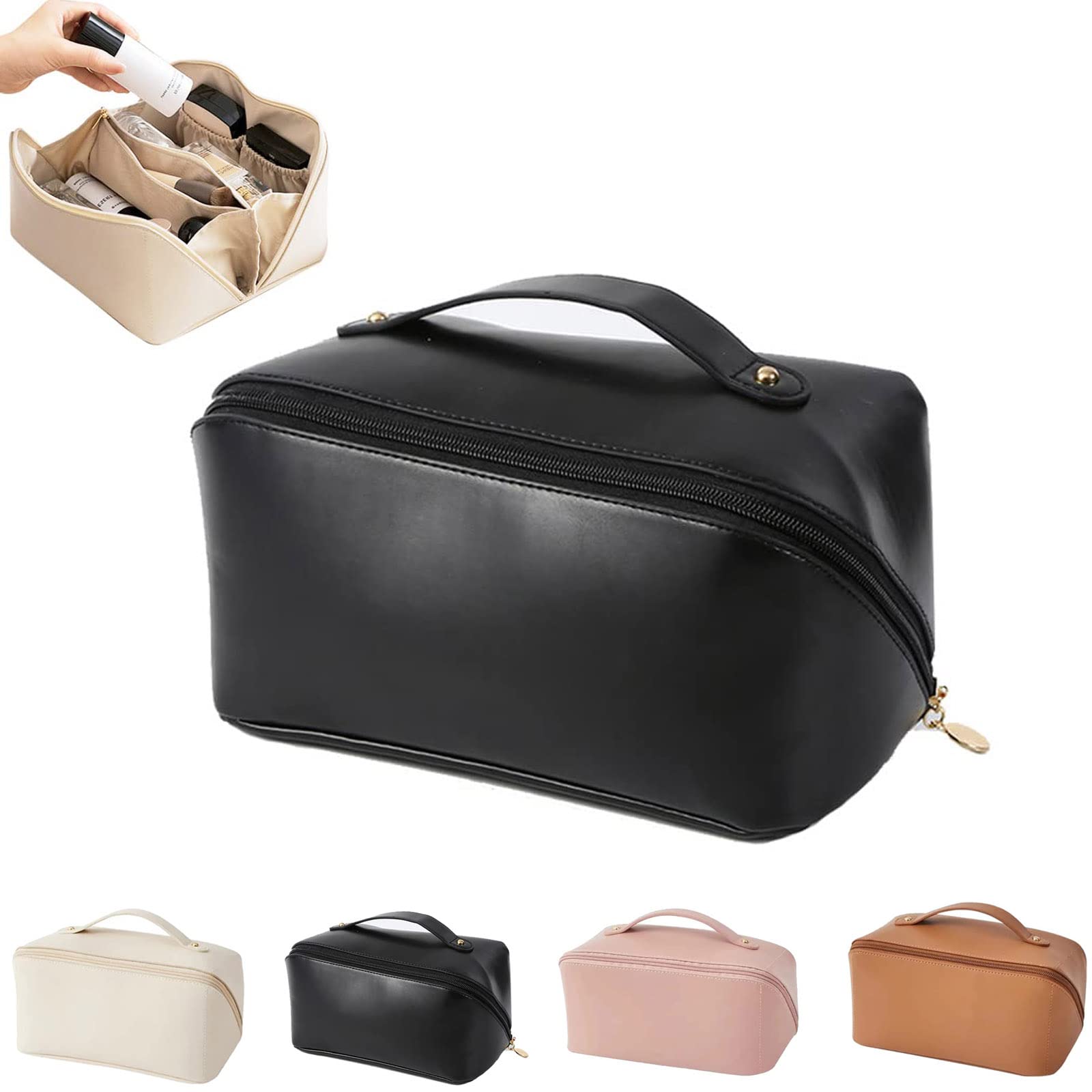 Leather Travel Makeup Bag - Large Capacity Waterproof Cosmetic Organizer for Skincare & Toiletries | Perfect for Vacation & Business Trips
